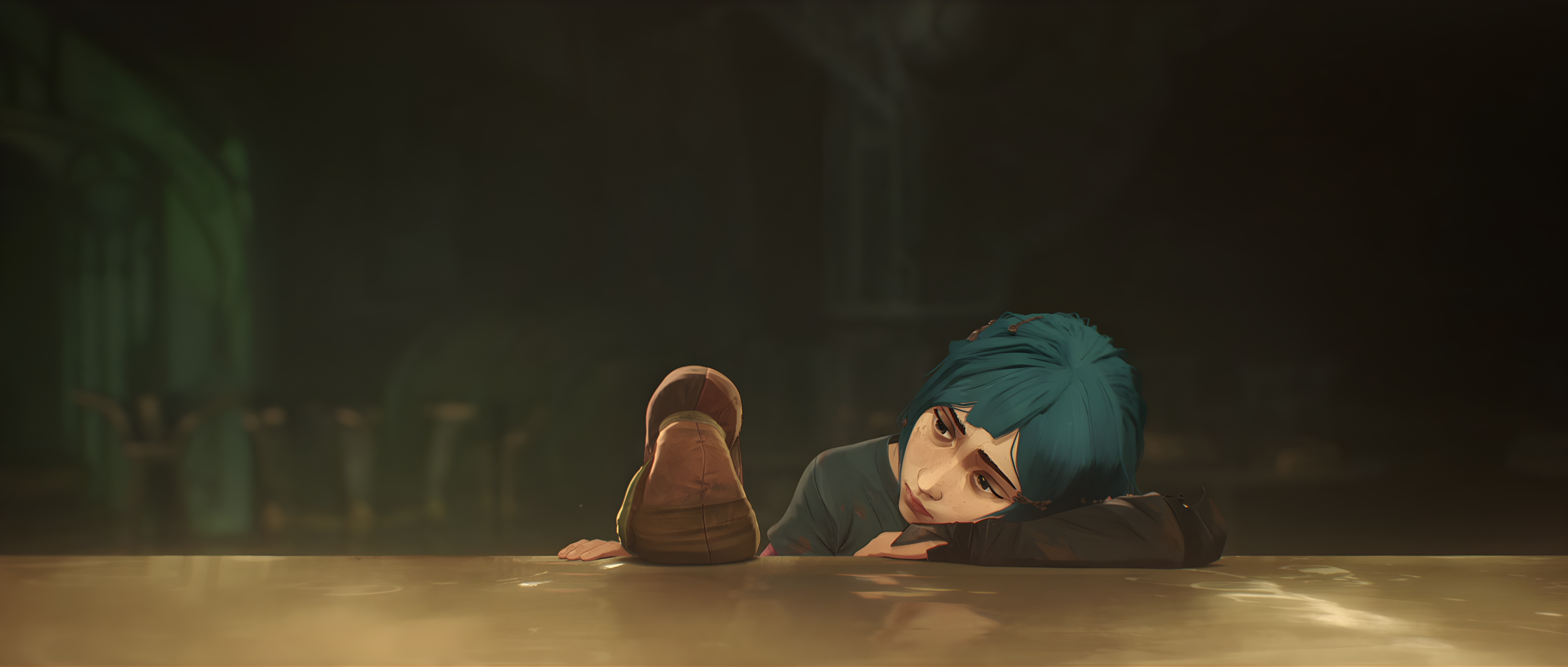 Jinx from Arcane rests her head on a table HD Wallpaper