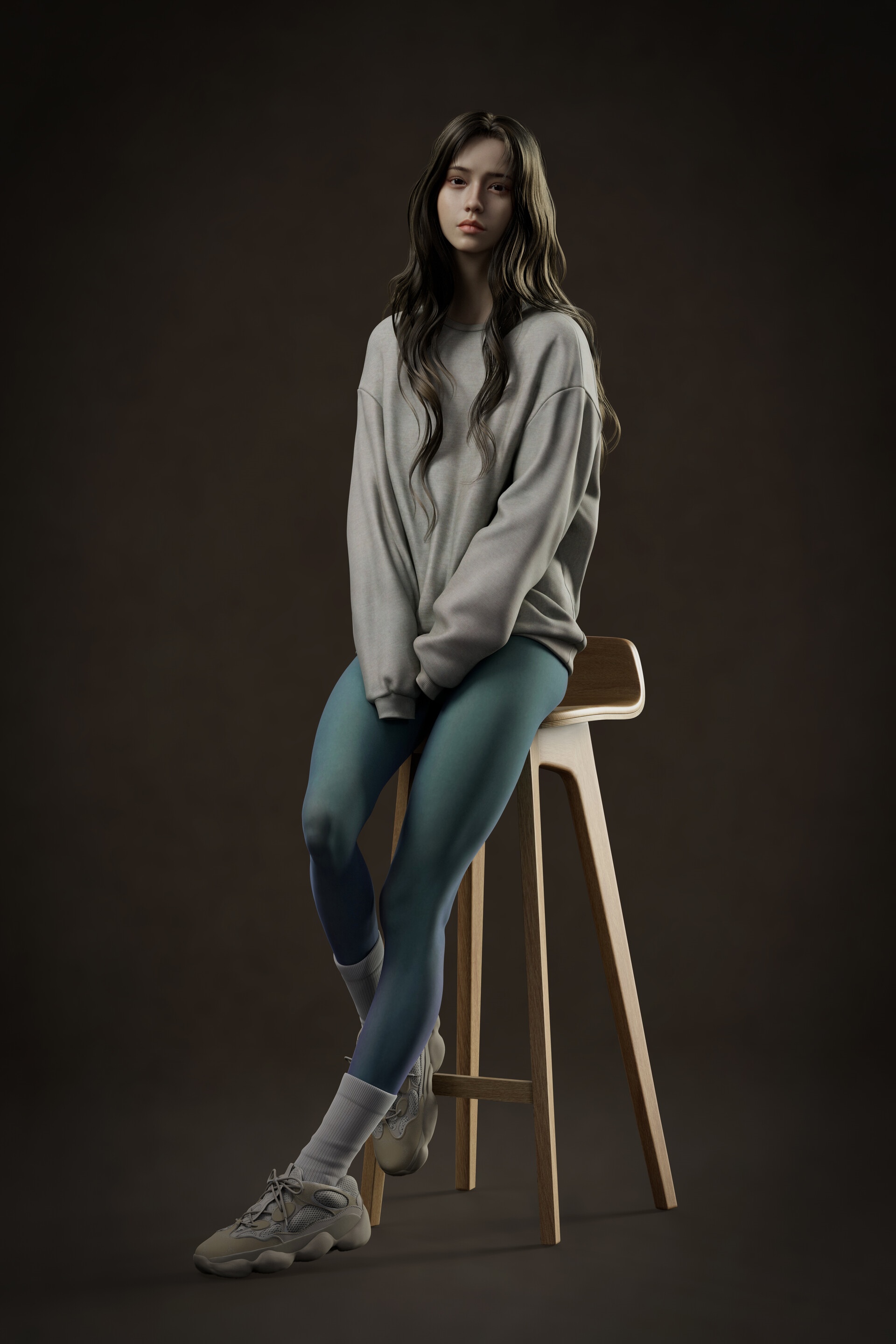 Woman in sweatshirt and leggings sitting on a stool HD Phone Wallpaper