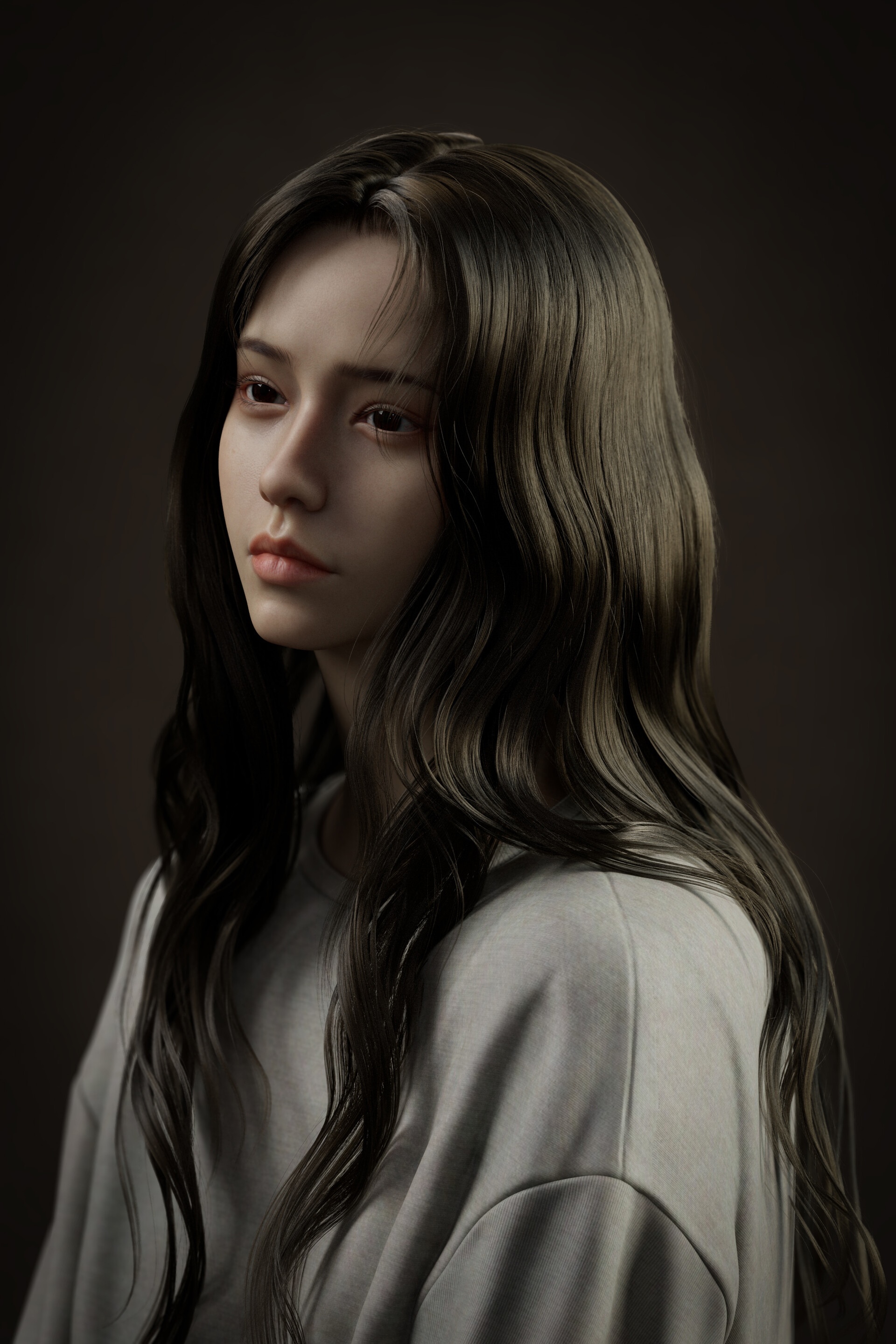 Woman with wavy hair wearing a grey sweatshirt HD Phone Wallpaper