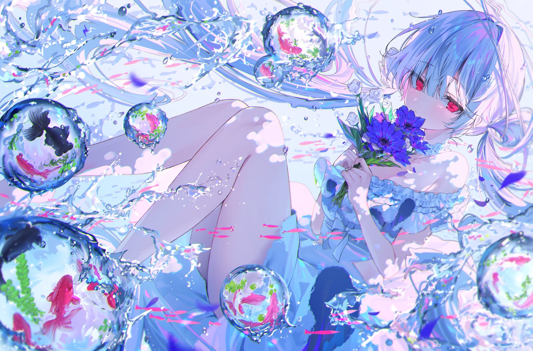 Girl with blue hair and red eyes holding purple flowers HD Wallpaper