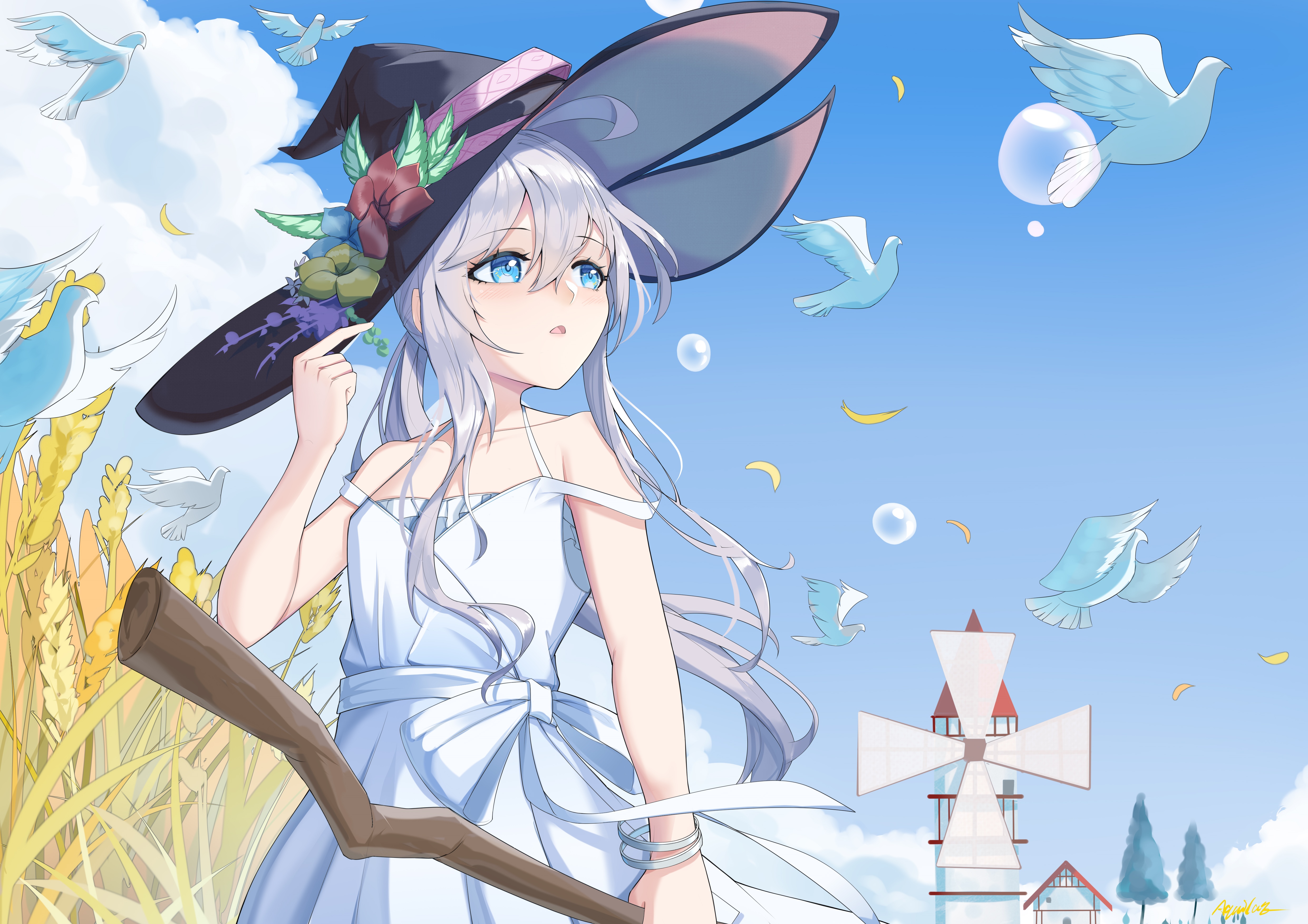 Elaina in a white dress with a witch hat and broom HD Wallpaper