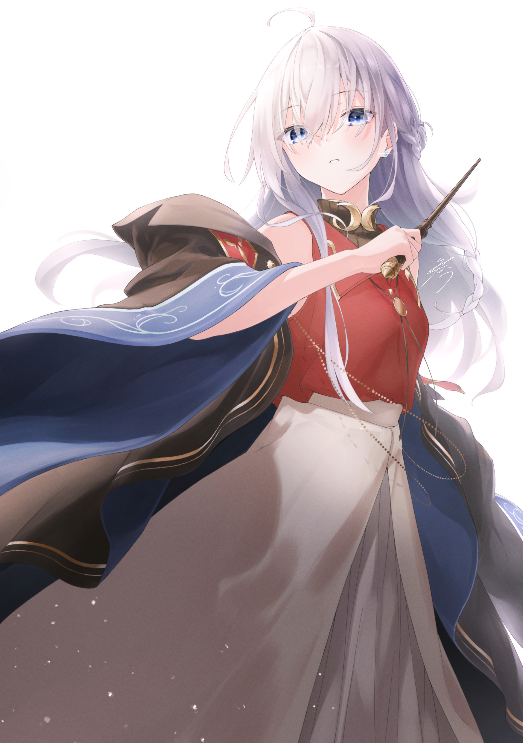 Elaina holding a wand with gray hair and blue eyes HD Phone Wallpaper