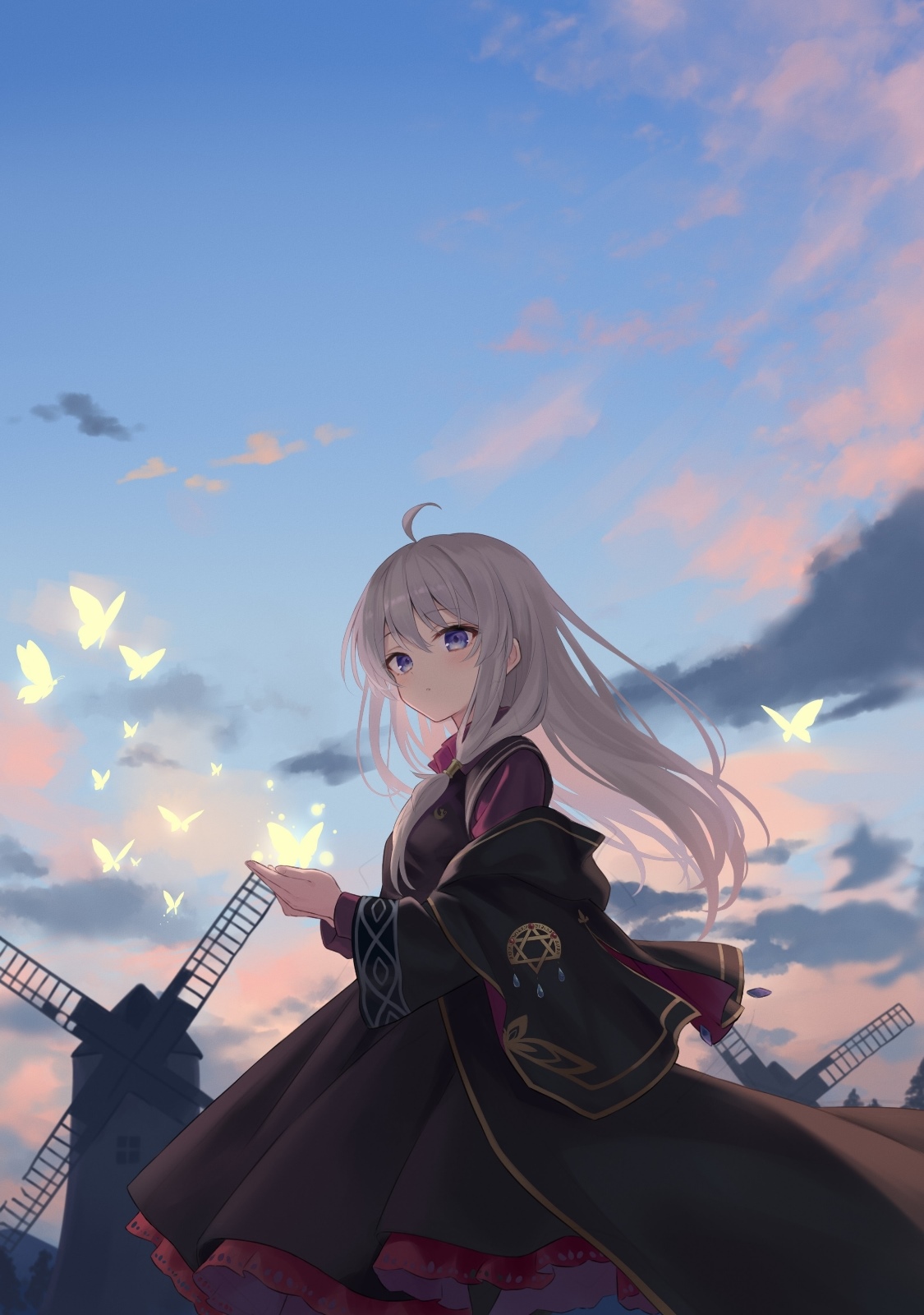 Elaina with butterflies and windmills at sunset HD Phone Wallpaper