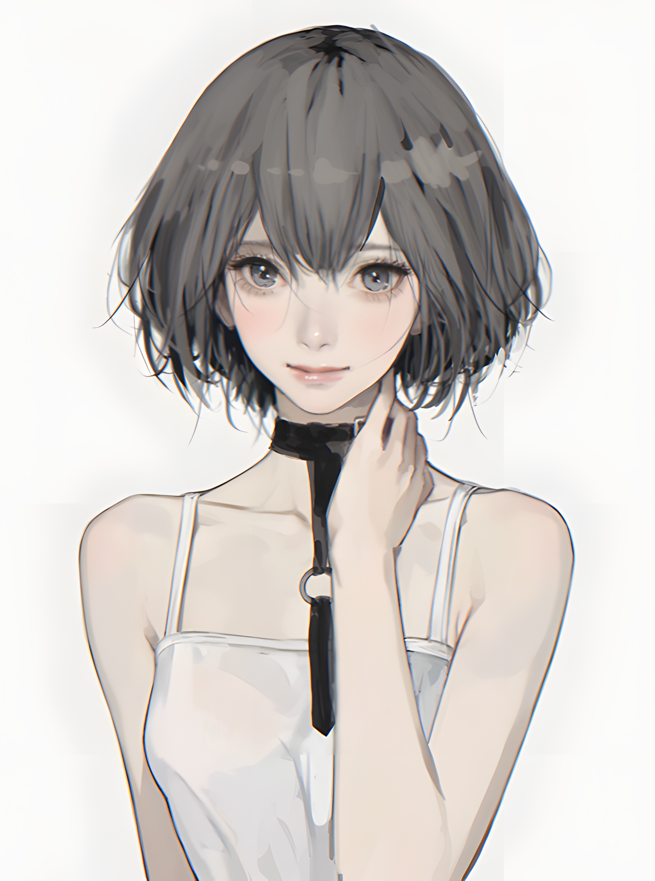 Anime girl with short gray hair and blue eyes wearing a choker HD Phone Wallpaper