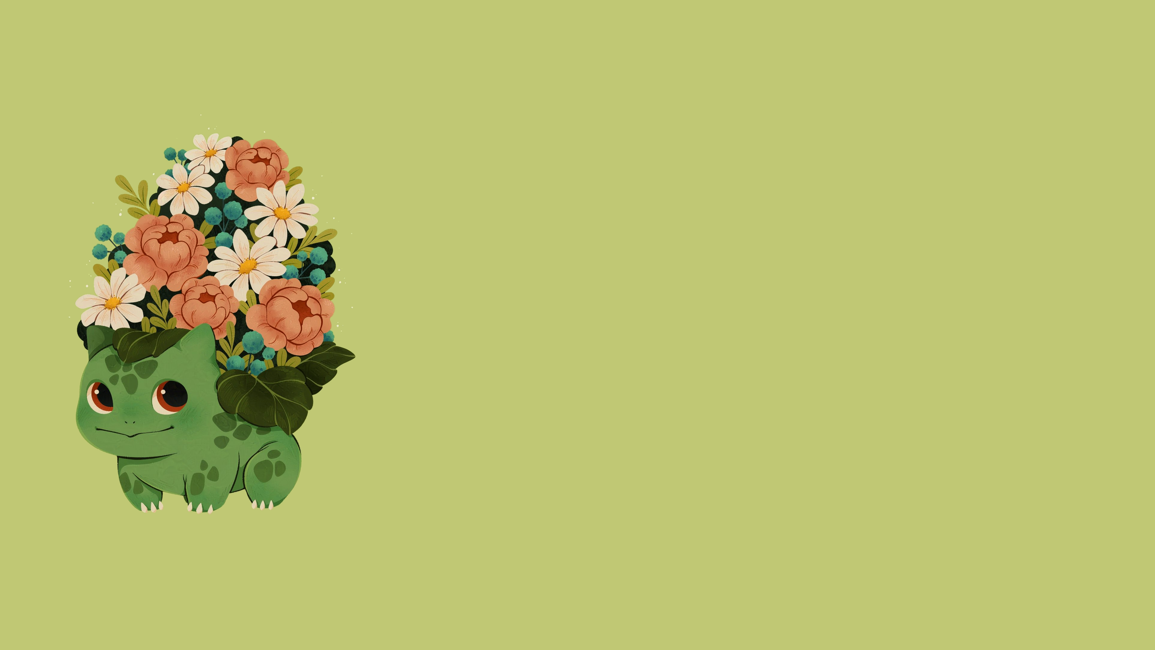 Bulbasaur with a bouquet of flowers HD Wallpaper