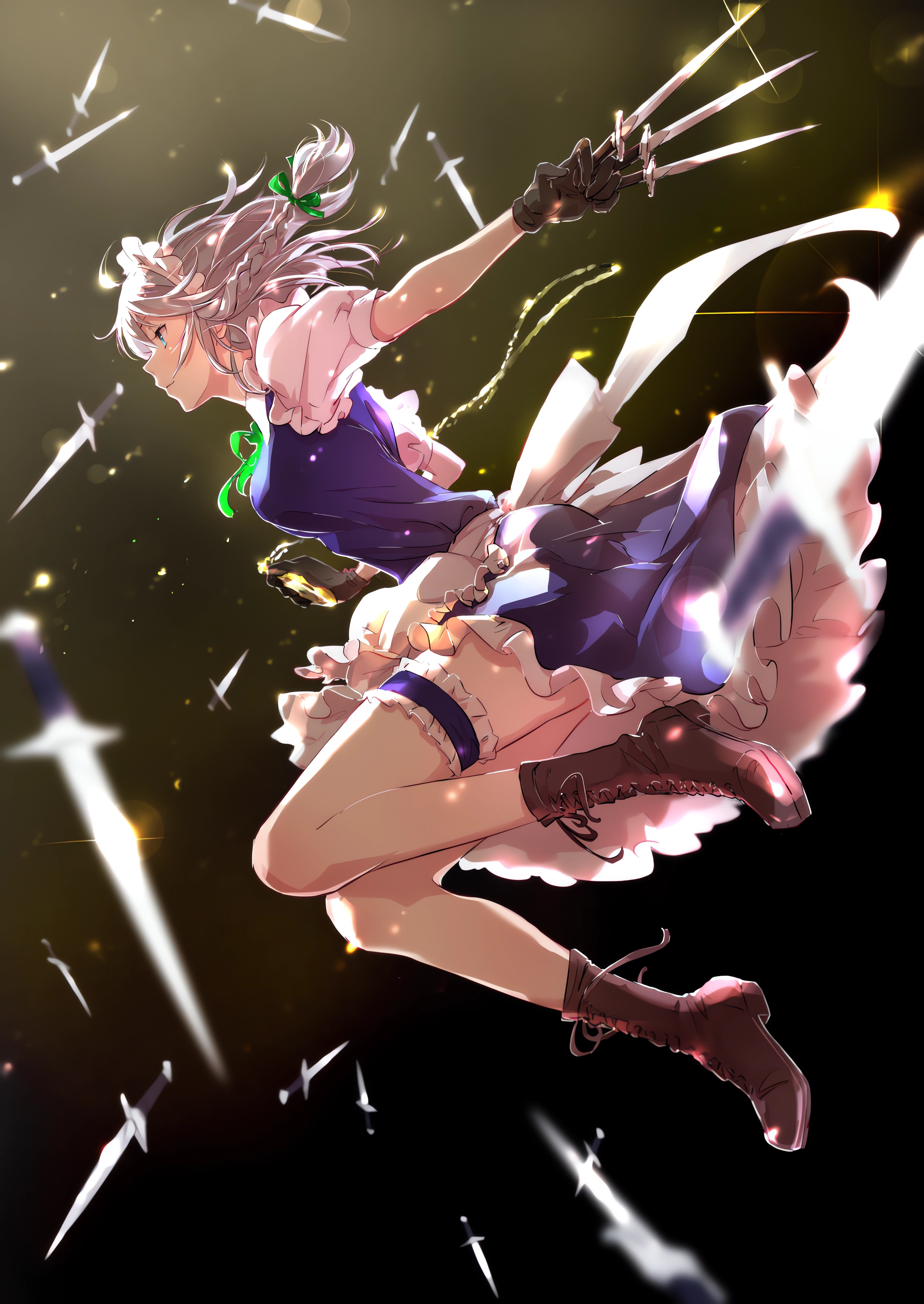 Izayoi Sakuya in a maid outfit with knives HD Phone Wallpaper