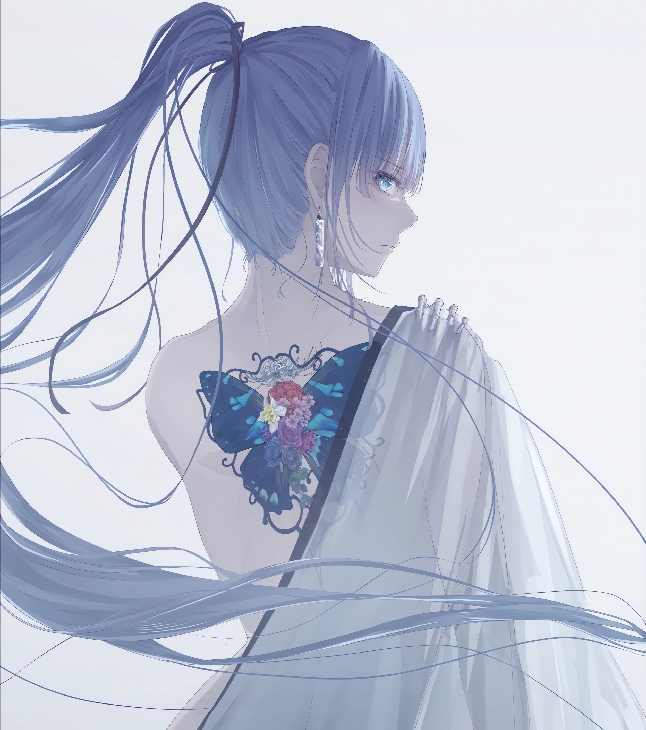 Anime girl with blue hair and butterfly tattoo HD Phone Wallpaper
