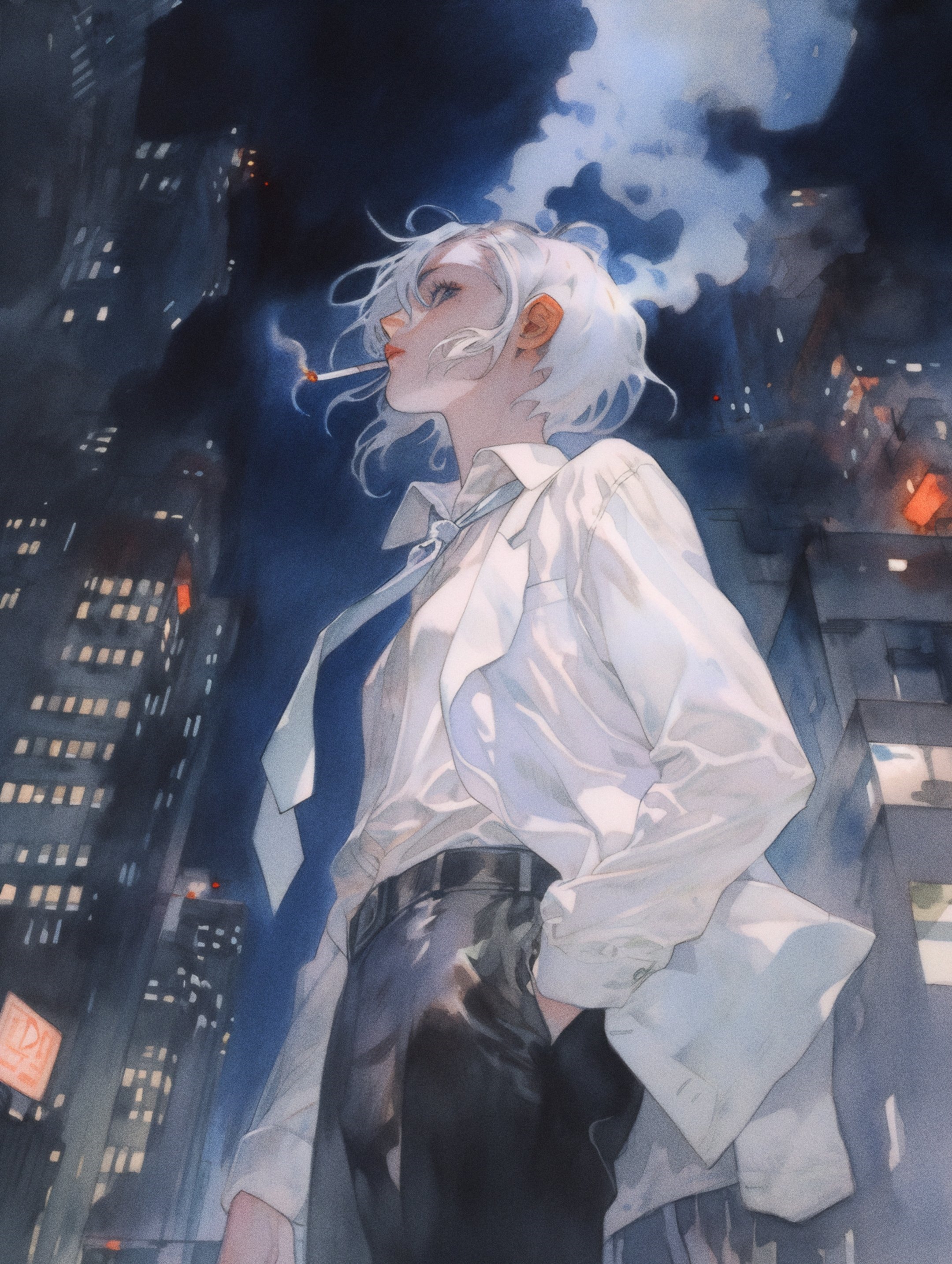 Anime character with white hair smoking in a city at night HD Phone Wallpaper