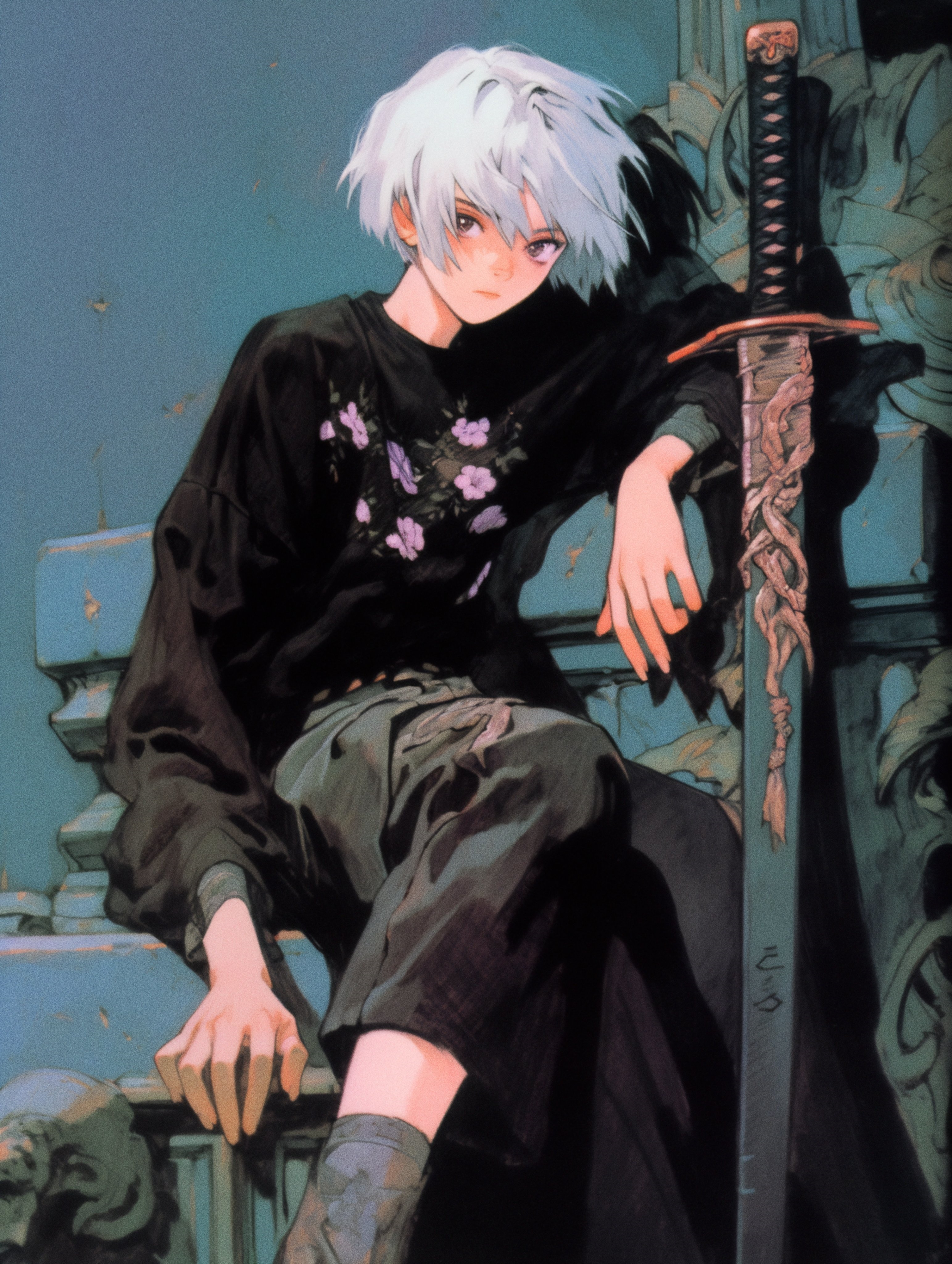 Anime boy with white hair and sword sitting HD Phone Wallpaper