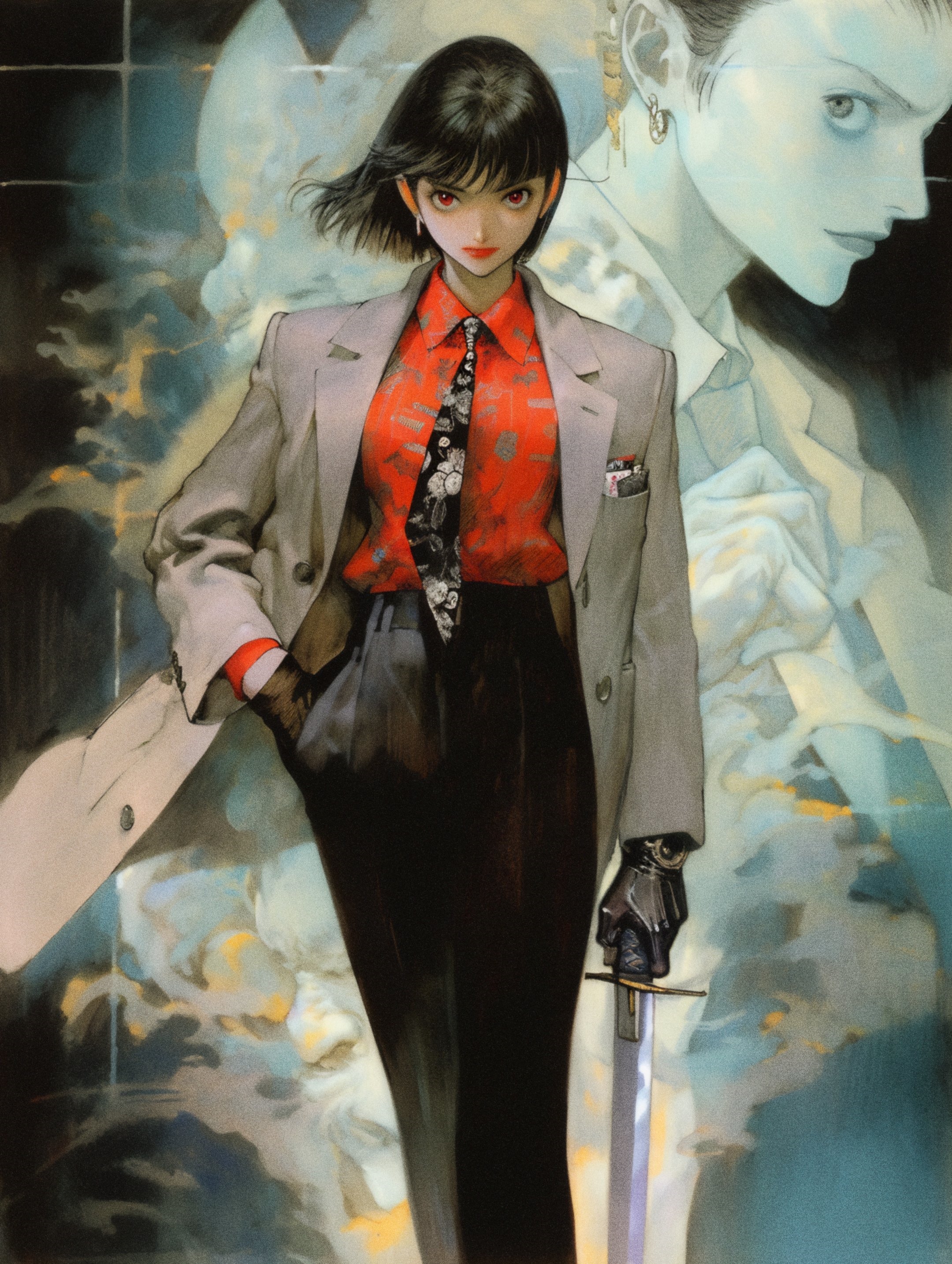 Woman in suit holding a sword HD Phone Wallpaper