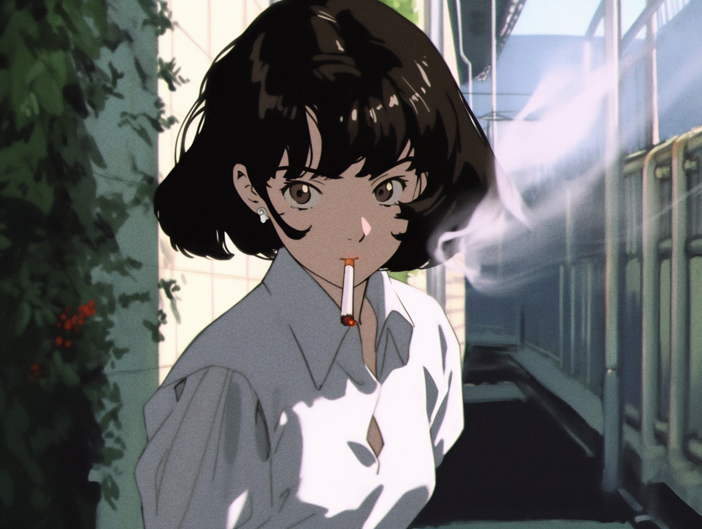 Anime girl with short brown hair smoking a cigarette HD Wallpaper