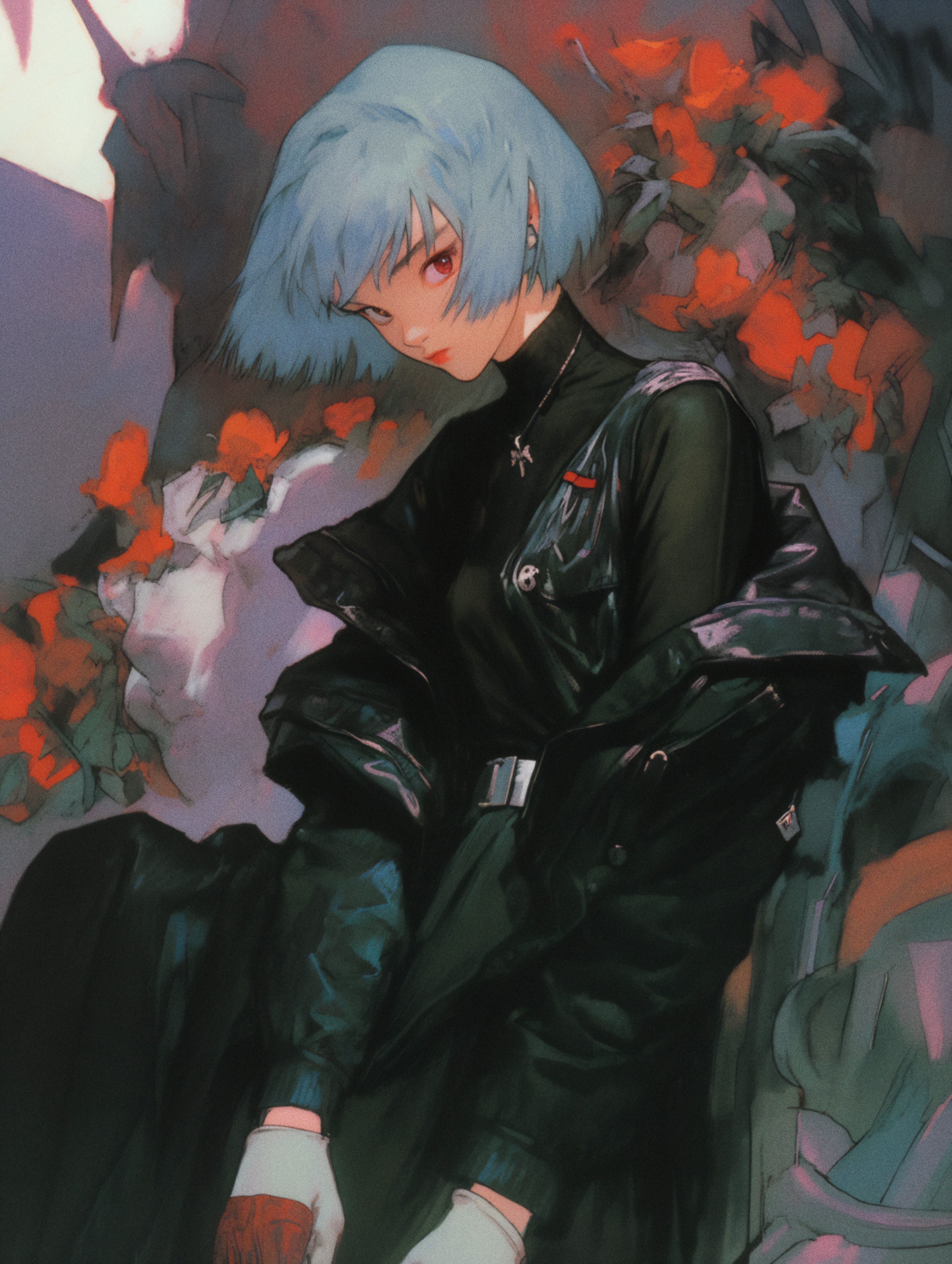 Rei Ayanami with blue hair and red eyes HD Phone Wallpaper
