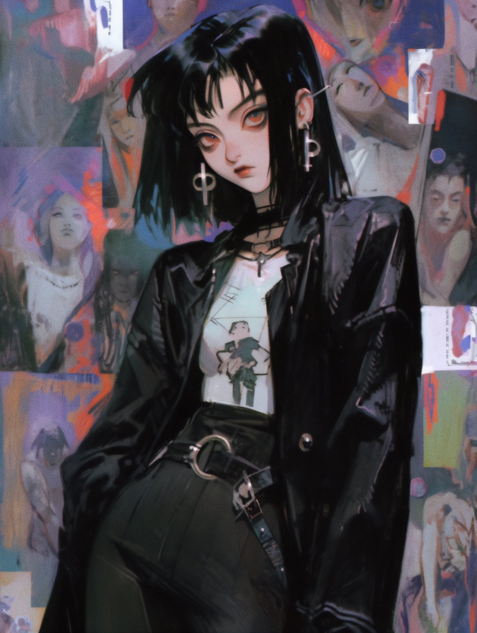 Girl with black hair and red eyes wearing a jacket HD Phone Wallpaper