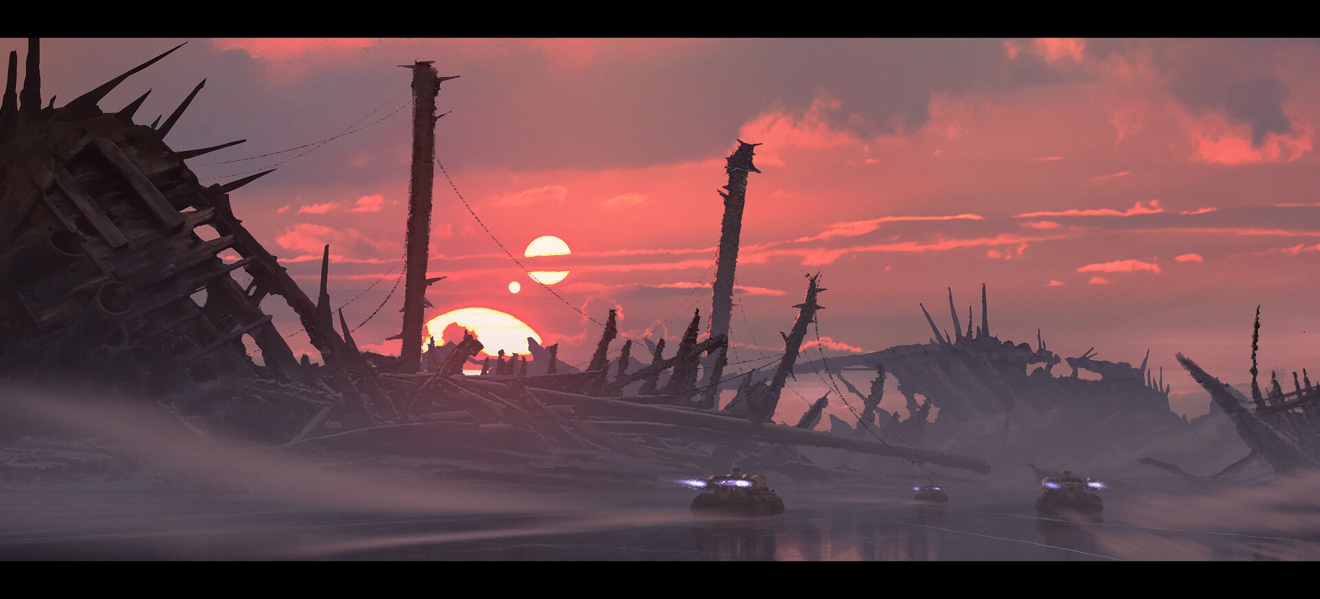 Hovercrafts on a misty planet during a double sunset HD Wallpaper