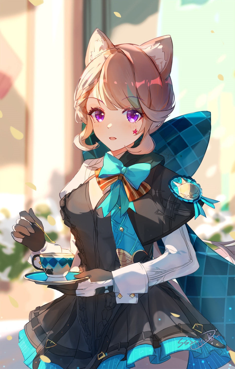 Lynette from Genshin Impact holding a teacup HD Phone Wallpaper