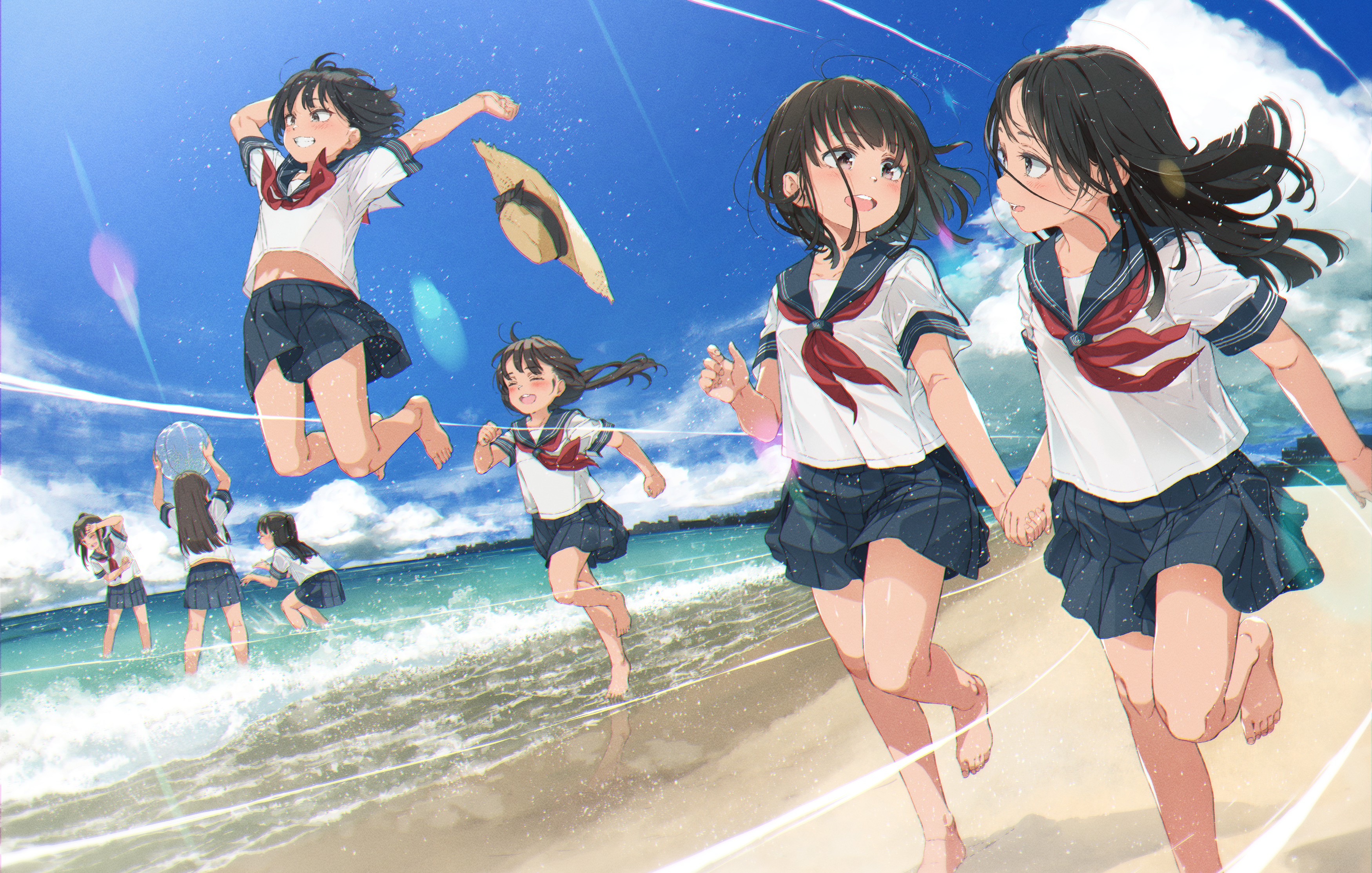 Schoolgirls in uniform playing on a sunny beach HD Wallpaper