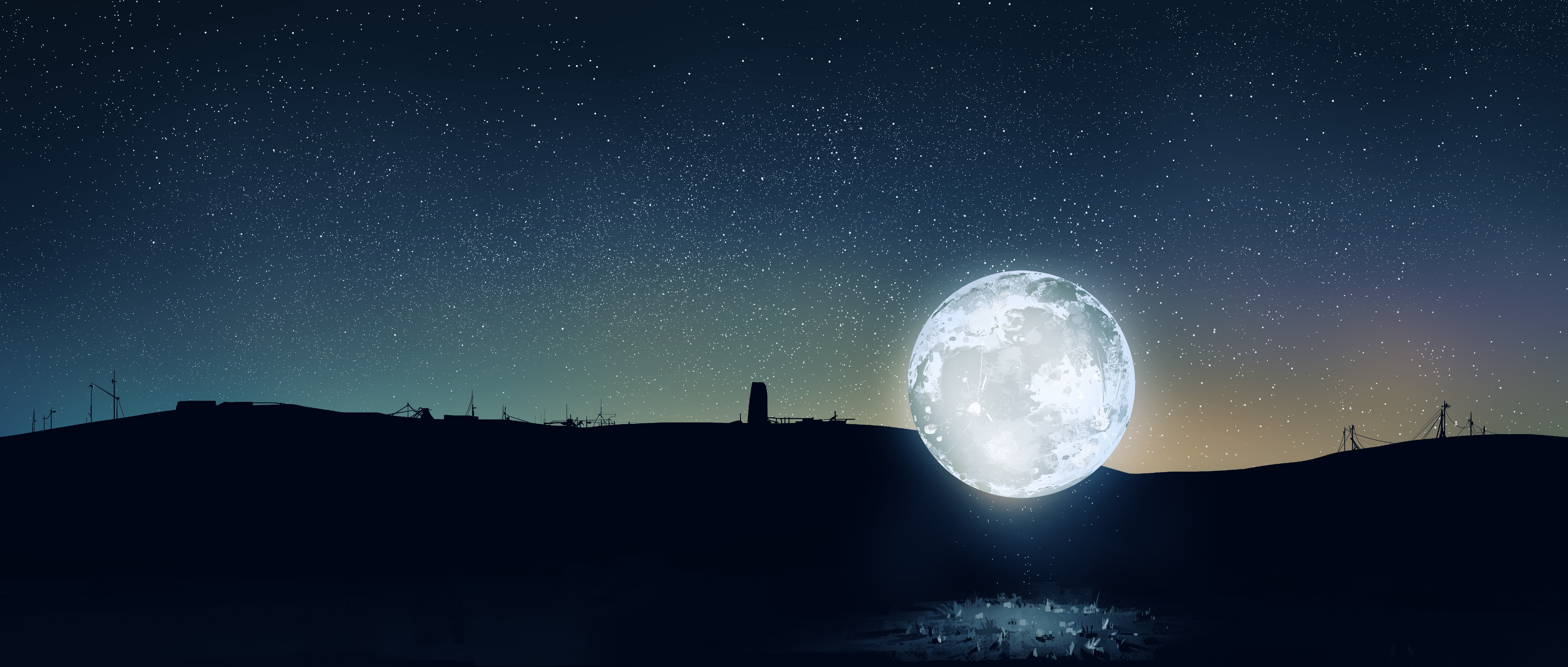 4K Moon and Stars Over Silhouetted Landscape HD Wallpaper