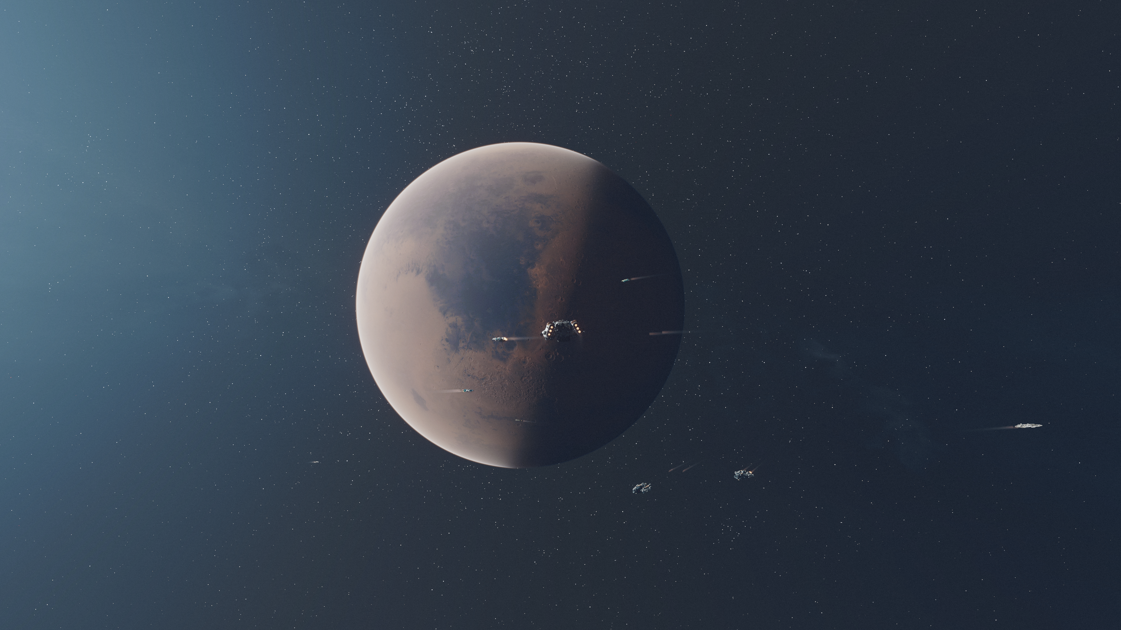 Starfield Spaceships Orbiting a Planet HD Wallpaper
