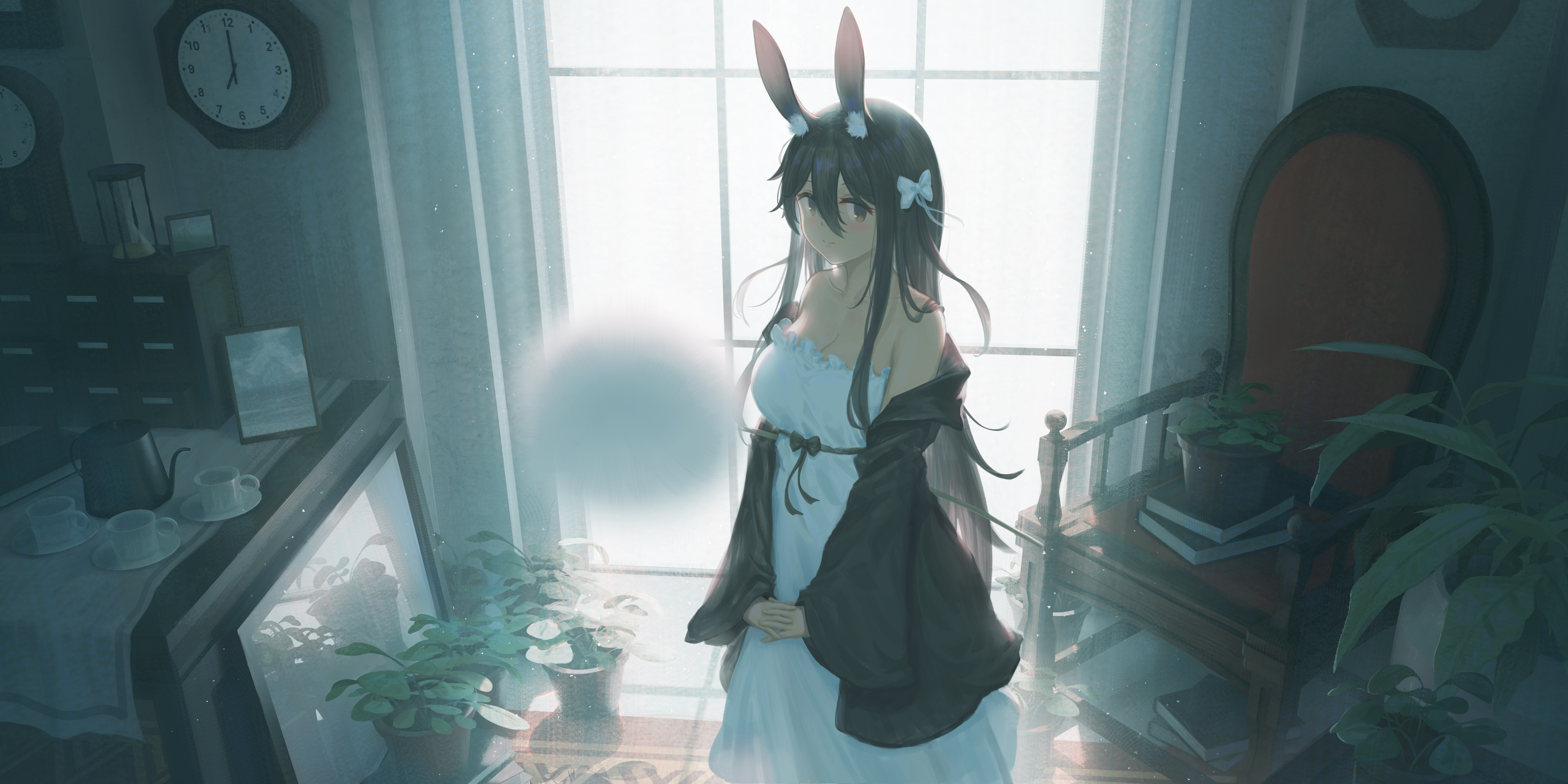 4K Amiya with bunny ears standing by the window HD Wallpaper