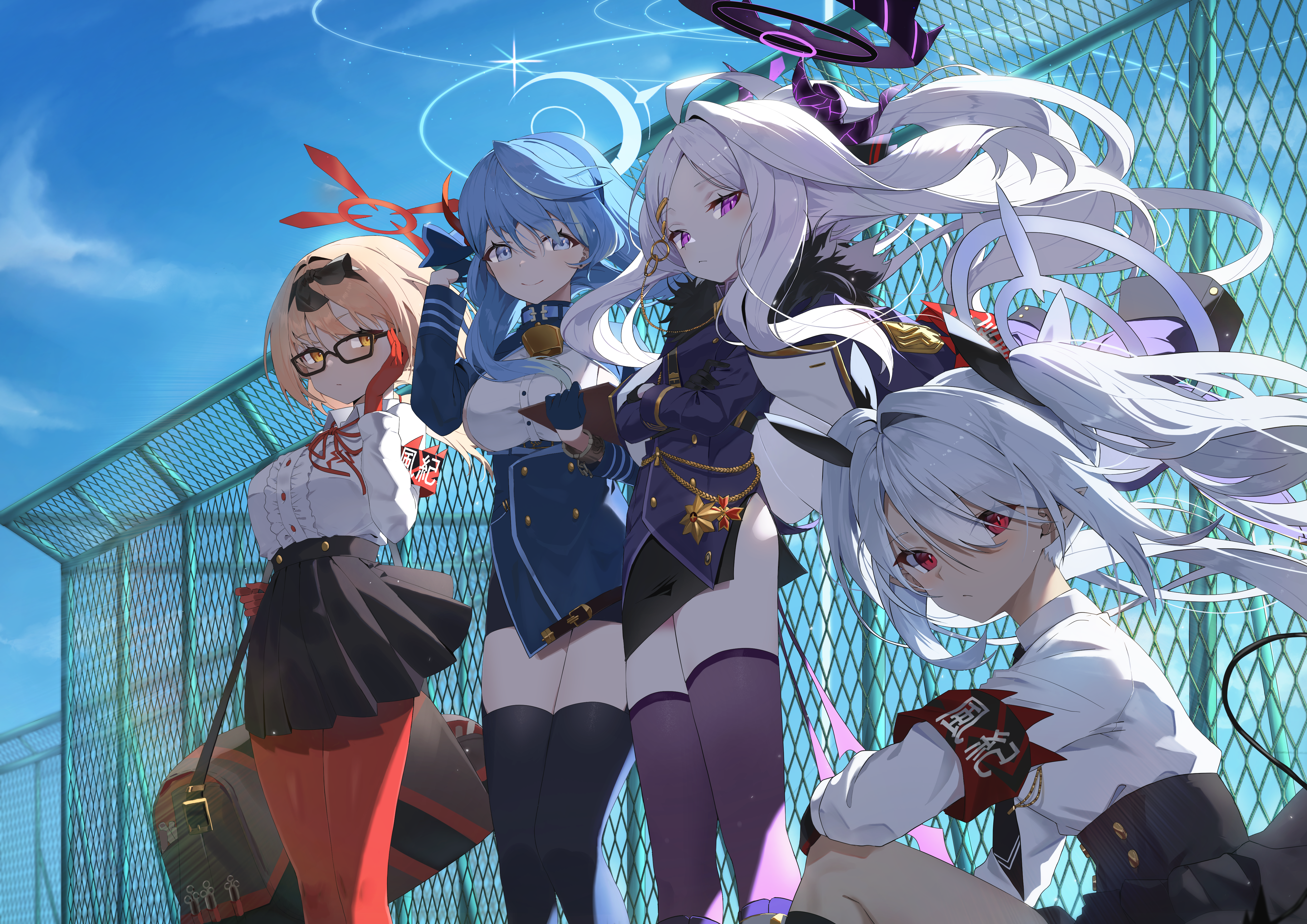 Blue Archive characters standing by a fence HD Wallpaper