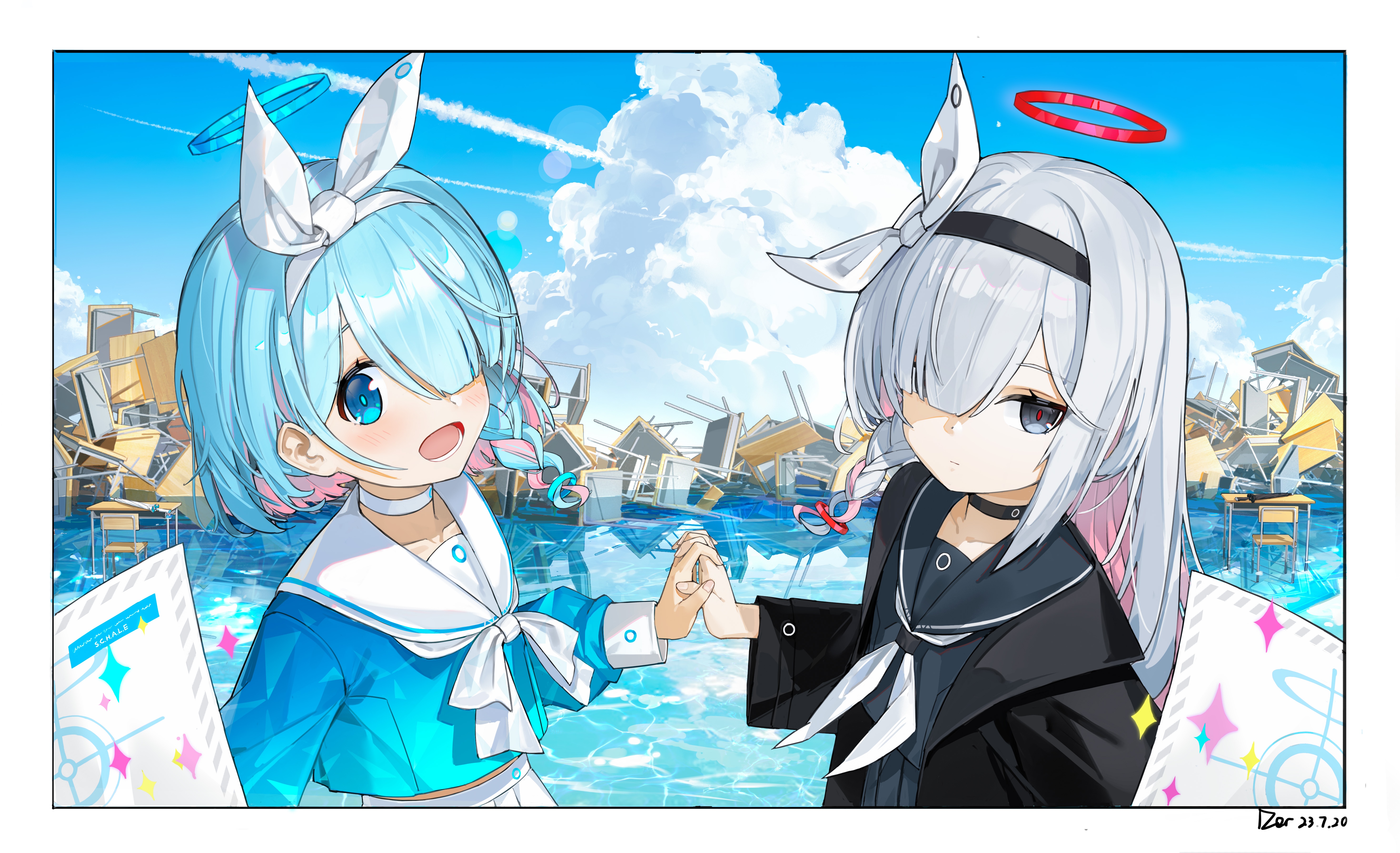 Blue Archive: Plana and Arona in a flooded classroom HD Wallpaper