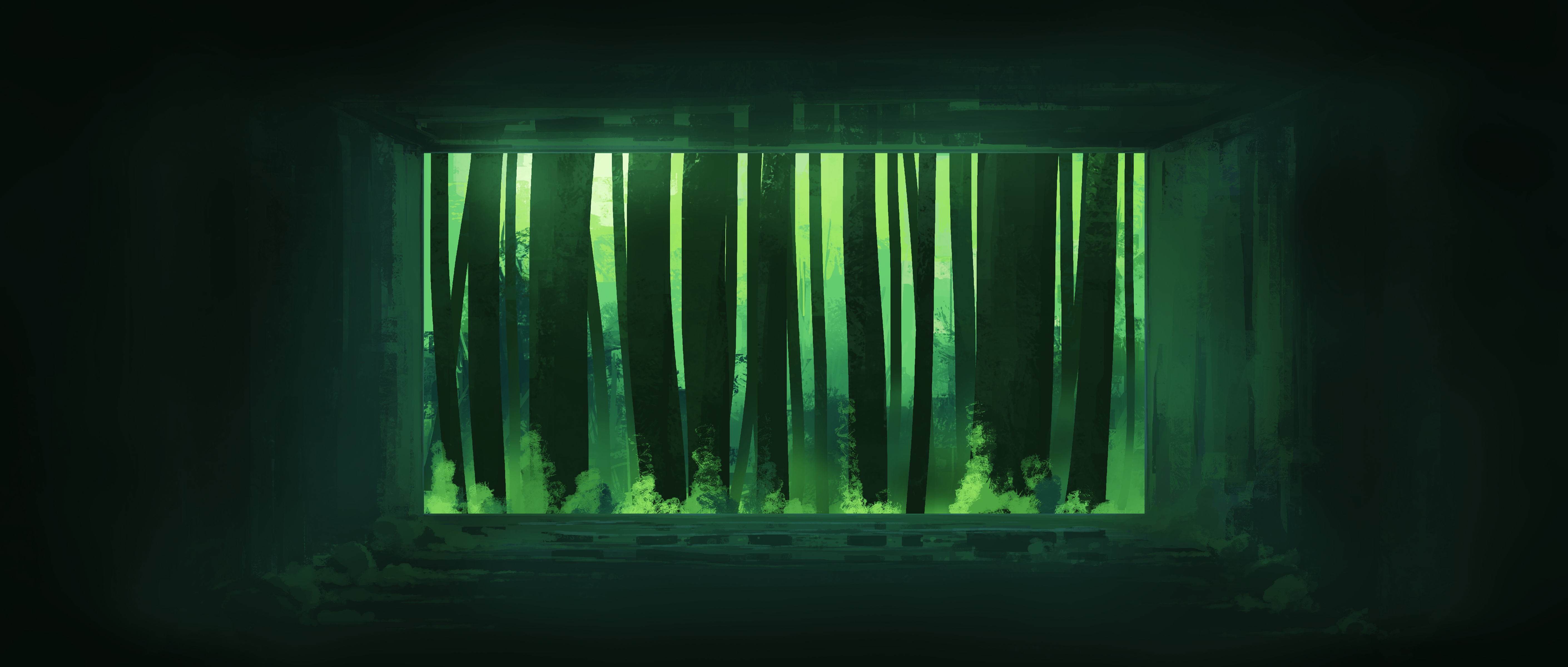 4K green trees in a dark room HD Wallpaper