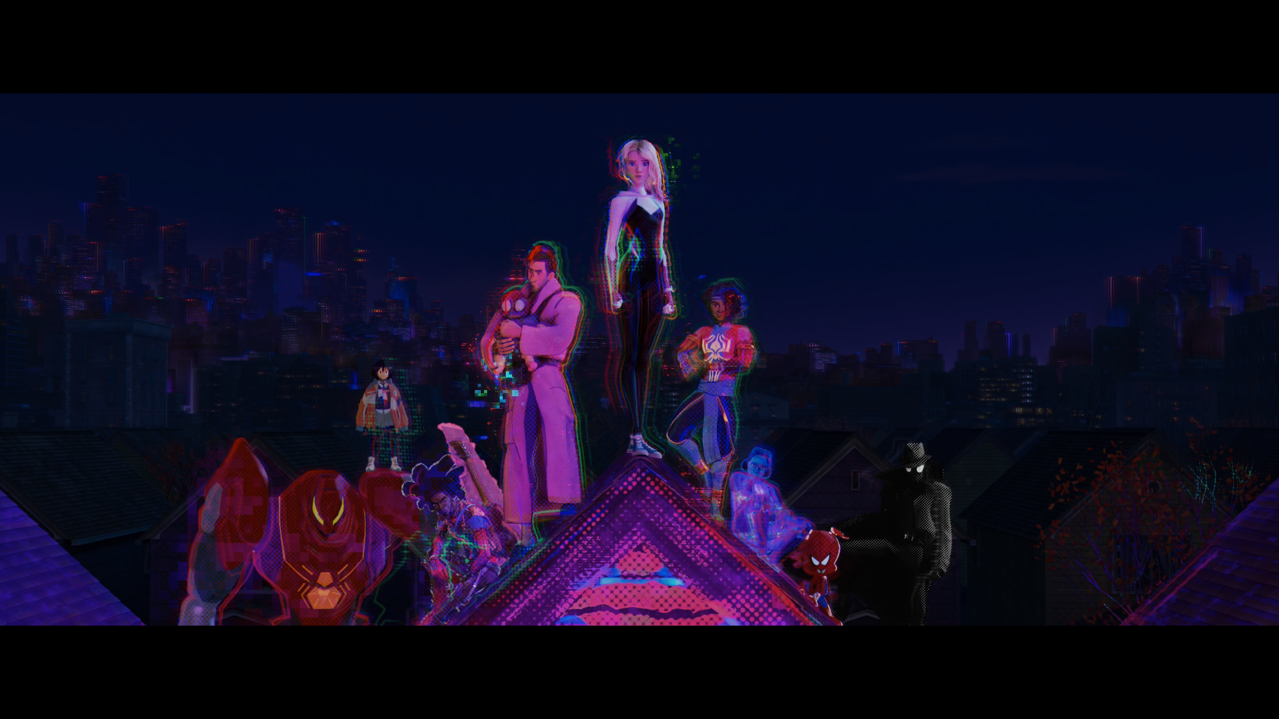 Spider-Man: Across the Spider-Verse characters on a rooftop HD Wallpaper