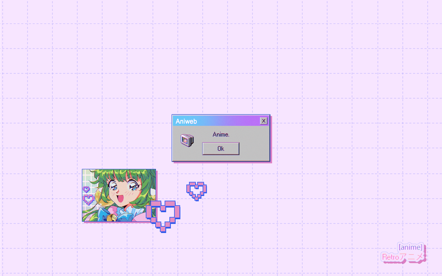 Retro Anime Aniweb Pop-up Window with Pixel Hearts HD Wallpaper