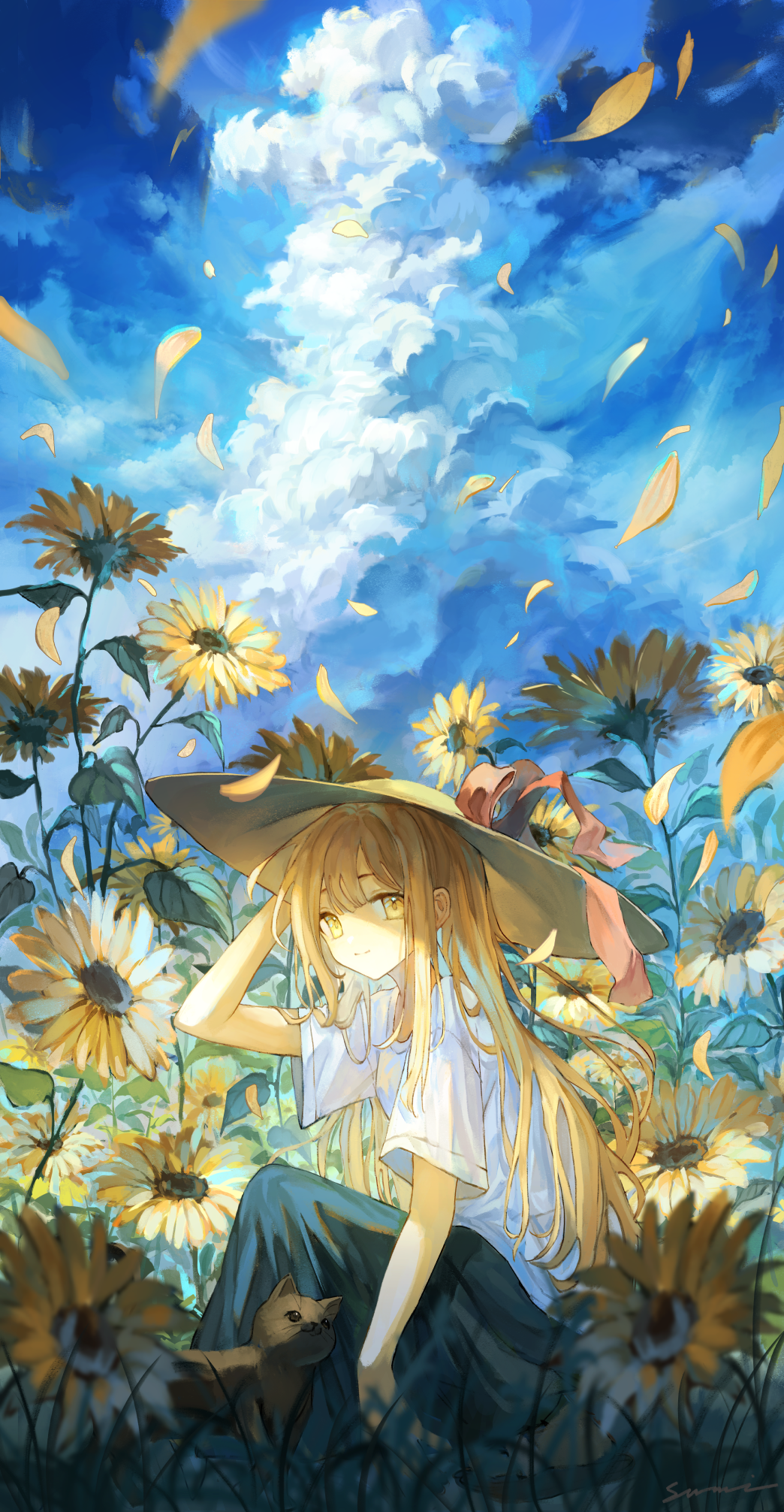 Girl in a sunflower field with a cat HD Phone Wallpaper