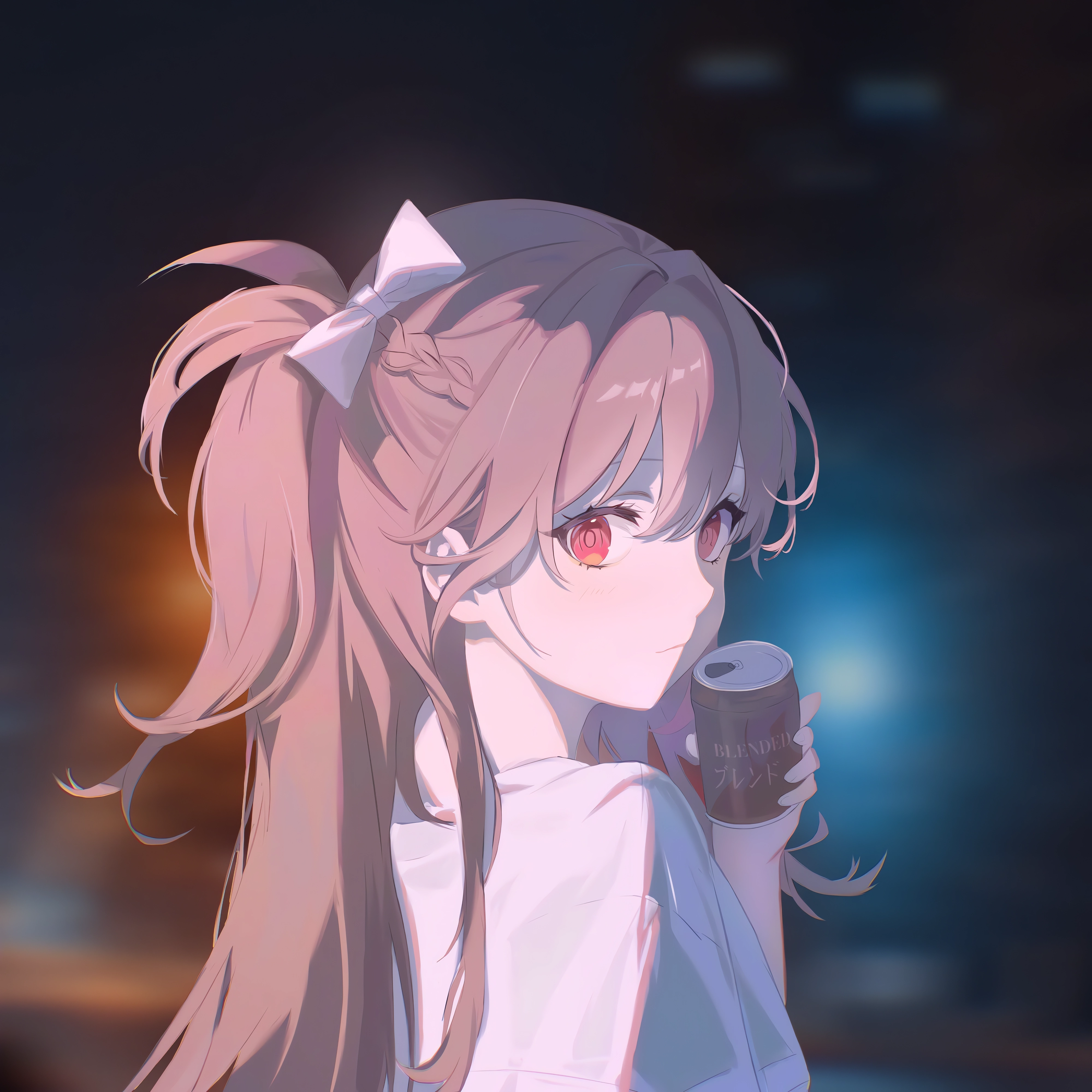 Anime girl with braids and hair bow holding a drink HD Wallpaper