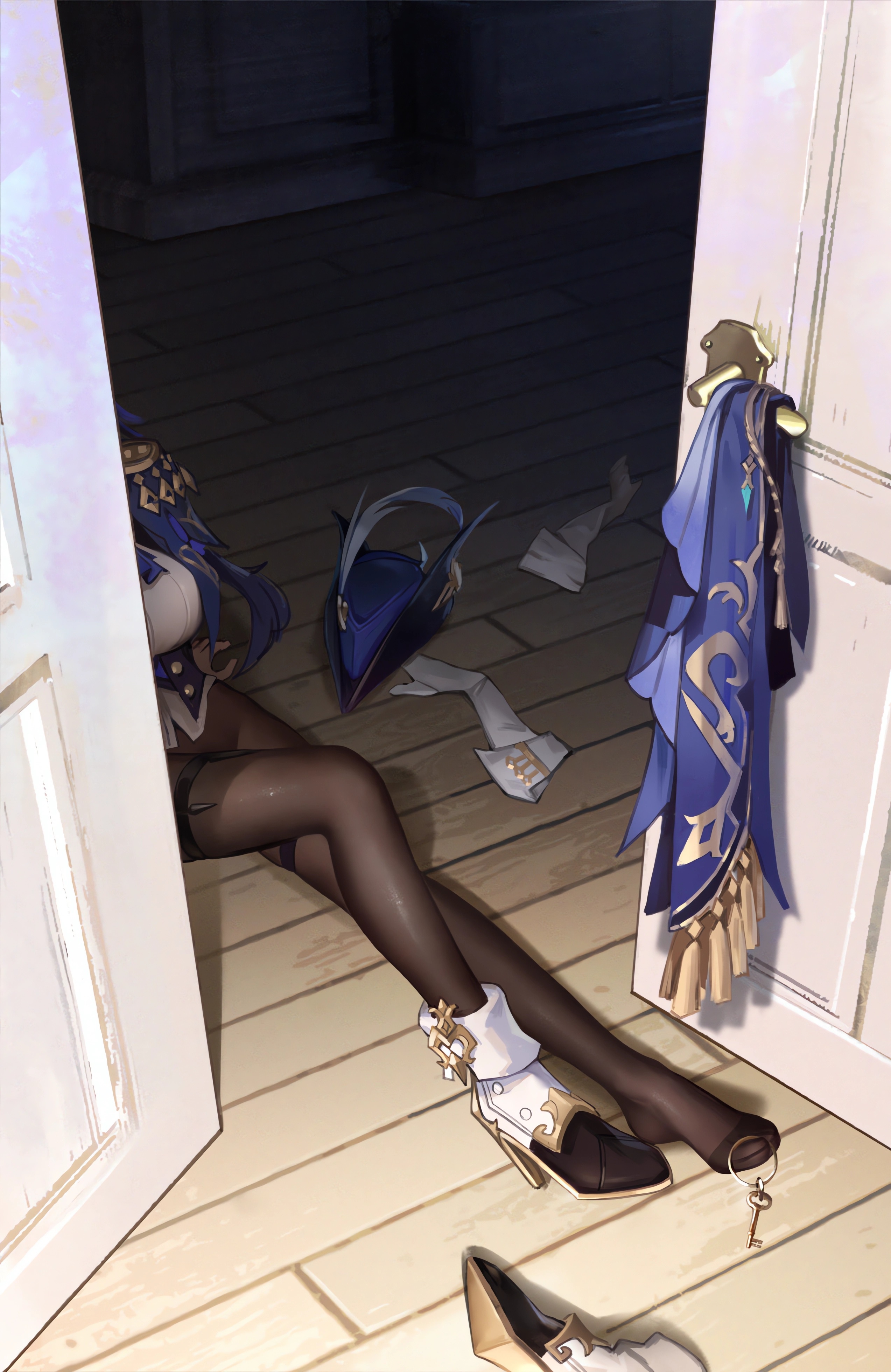 Clorinde from Genshin Impact sitting by a doorway HD Phone Wallpaper