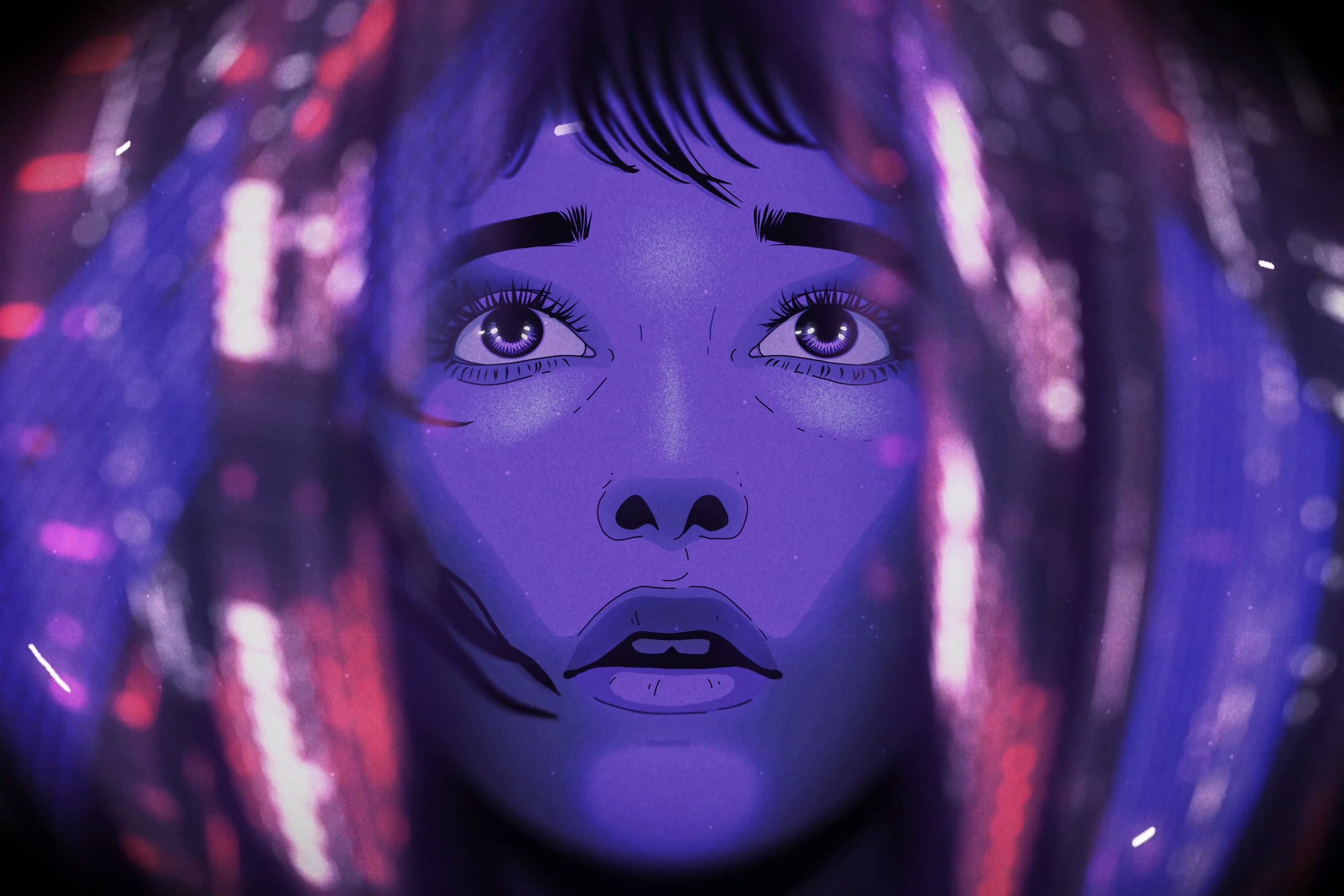 Woman's face illuminated by blue and pink lights HD Wallpaper