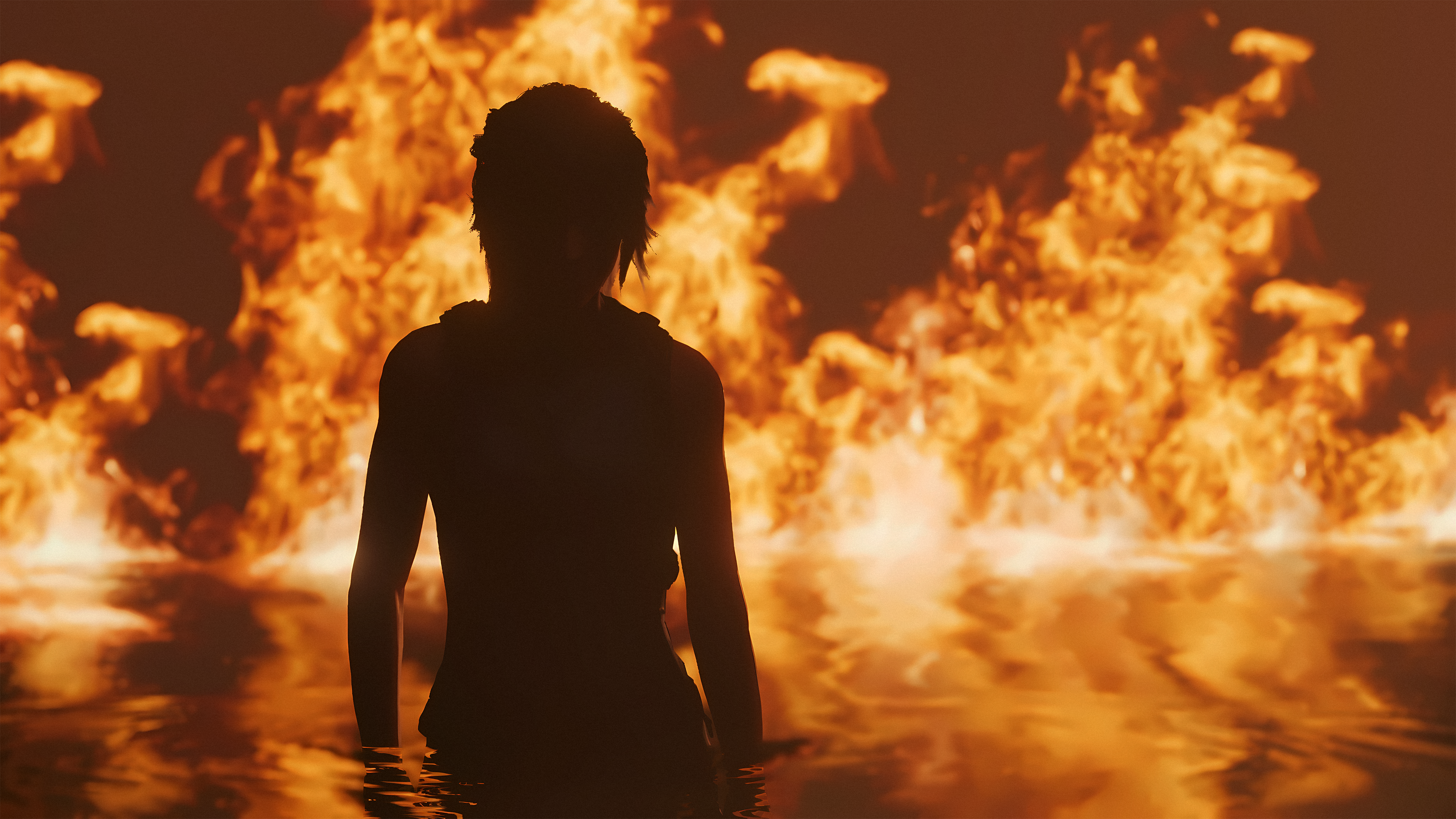 4K Lara Croft in water with fire HD Wallpaper