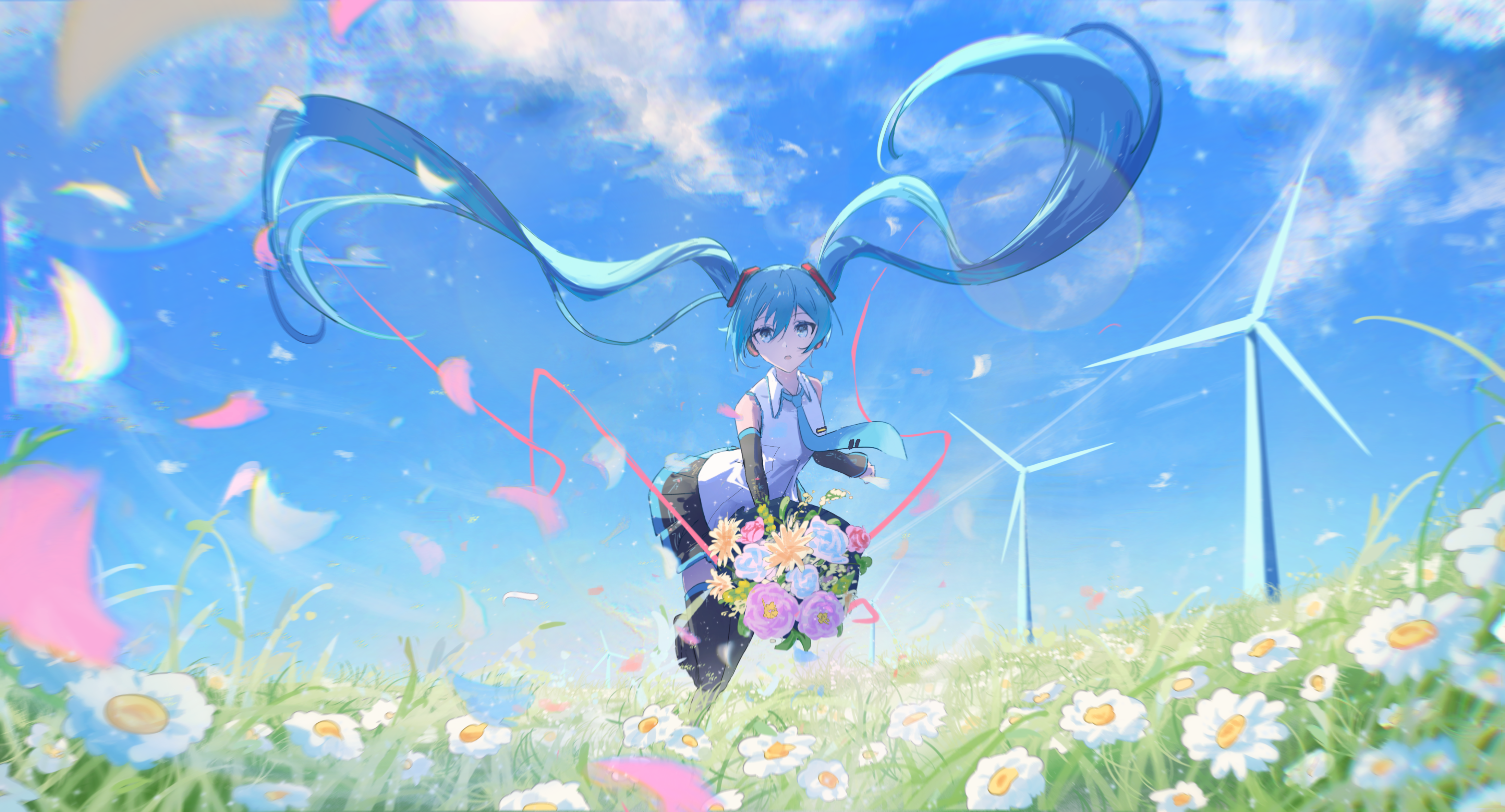 Hatsune Miku in a field with flowers and wind turbines HD Wallpaper