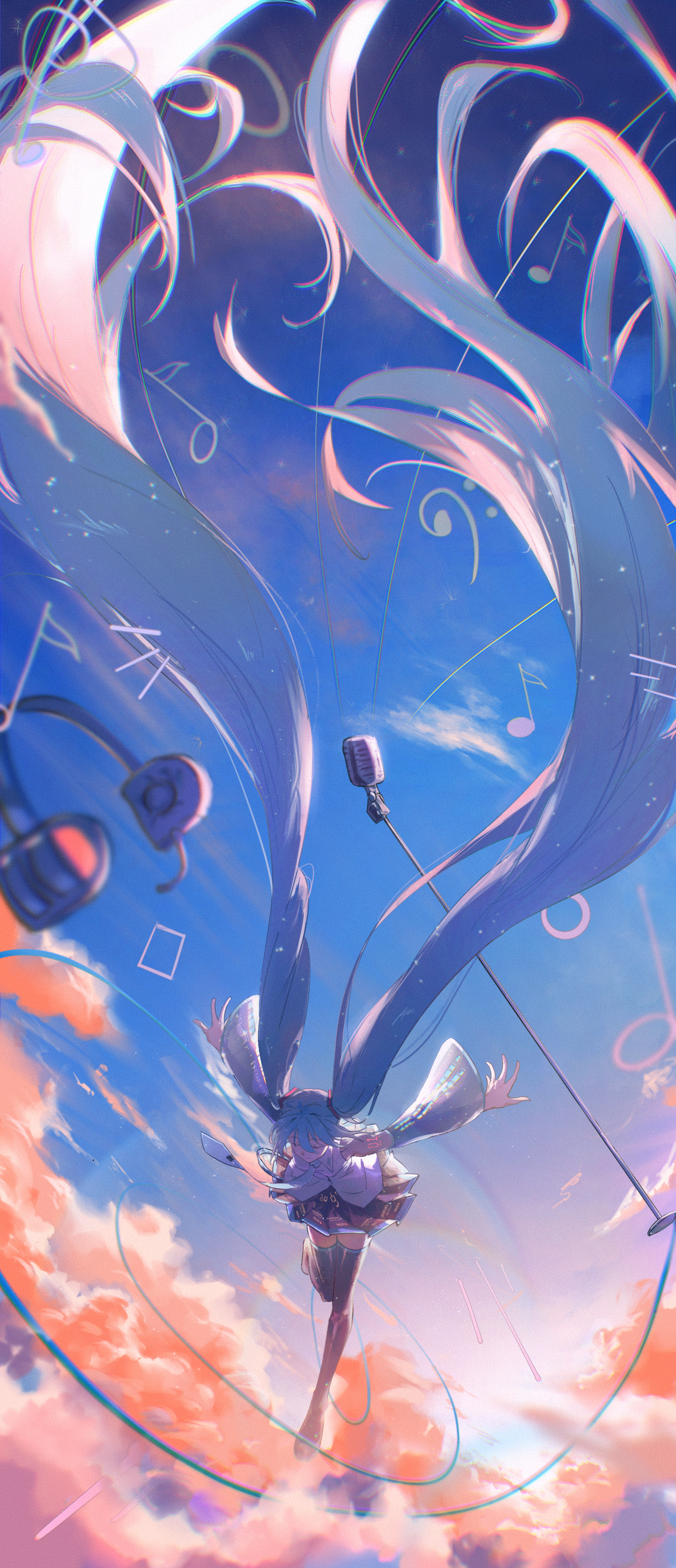 Hatsune Miku floating in the sky with musical notes HD Phone Wallpaper