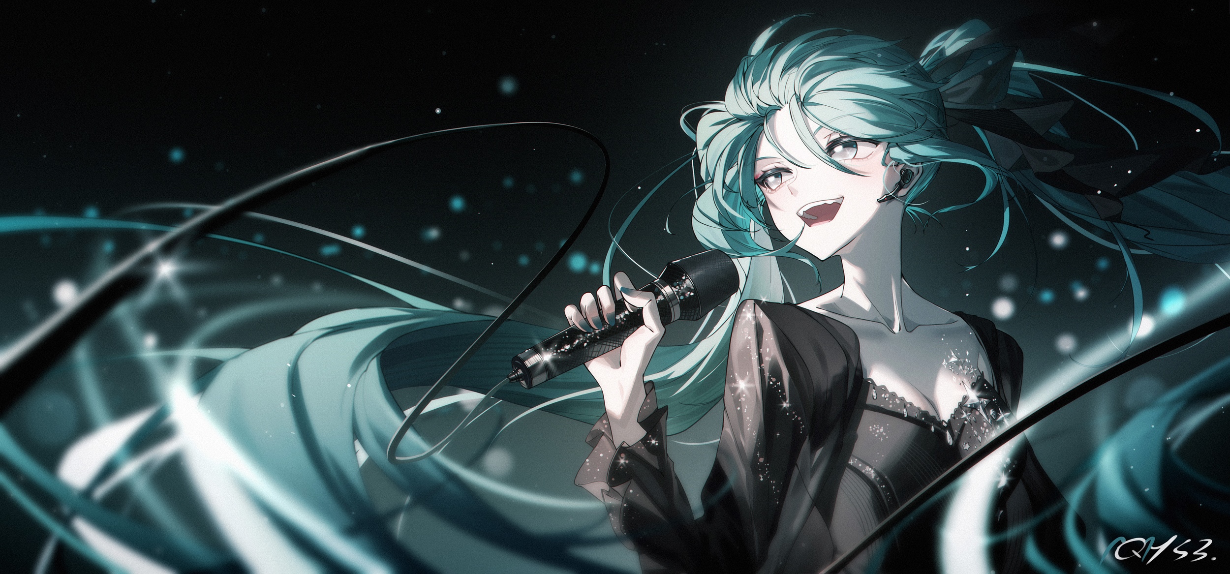 Hatsune Miku Singing with Microphone and Blue Hair HD Wallpaper