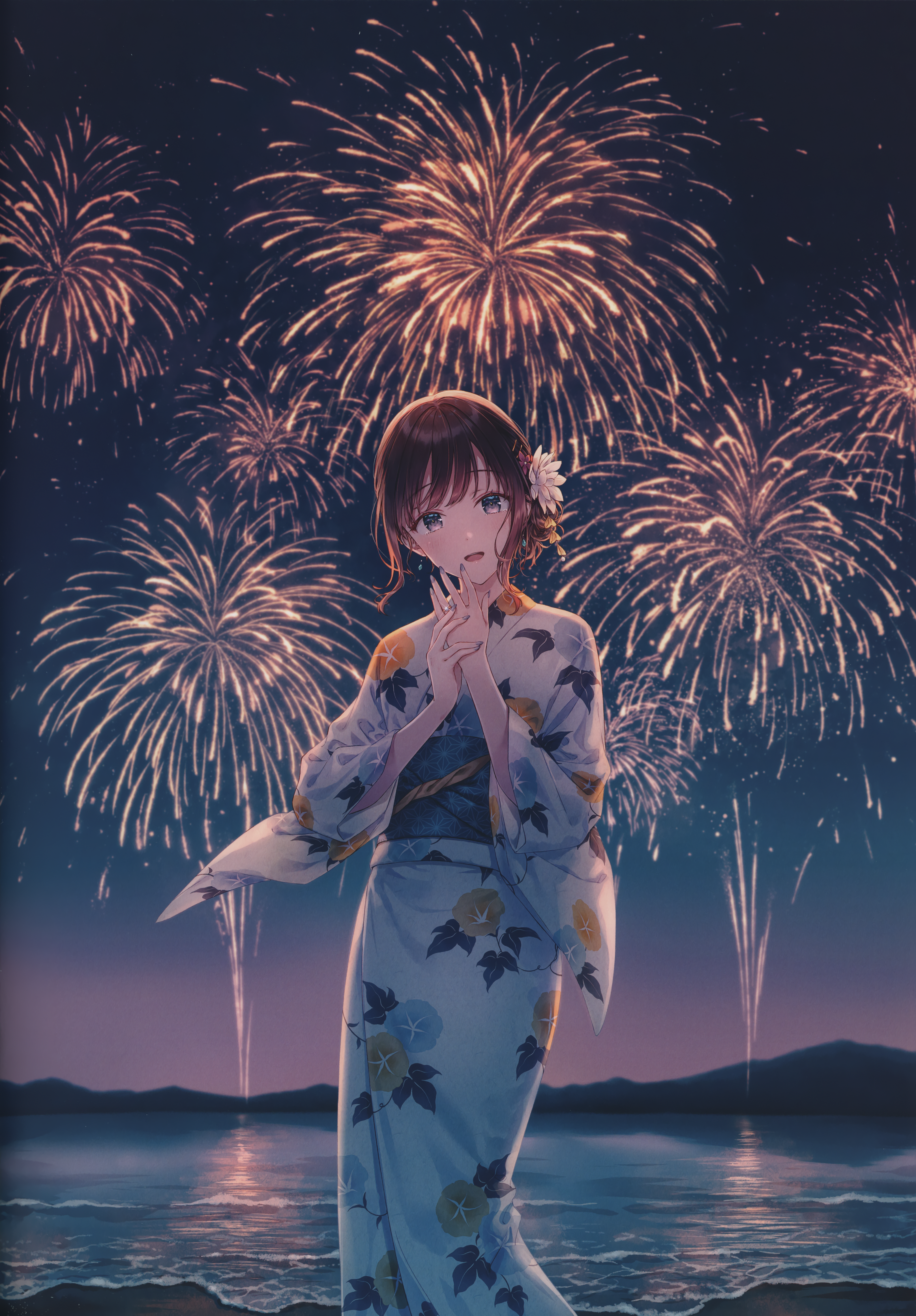 Woman in Kimono Watching Fireworks Over the Water HD Phone Wallpaper