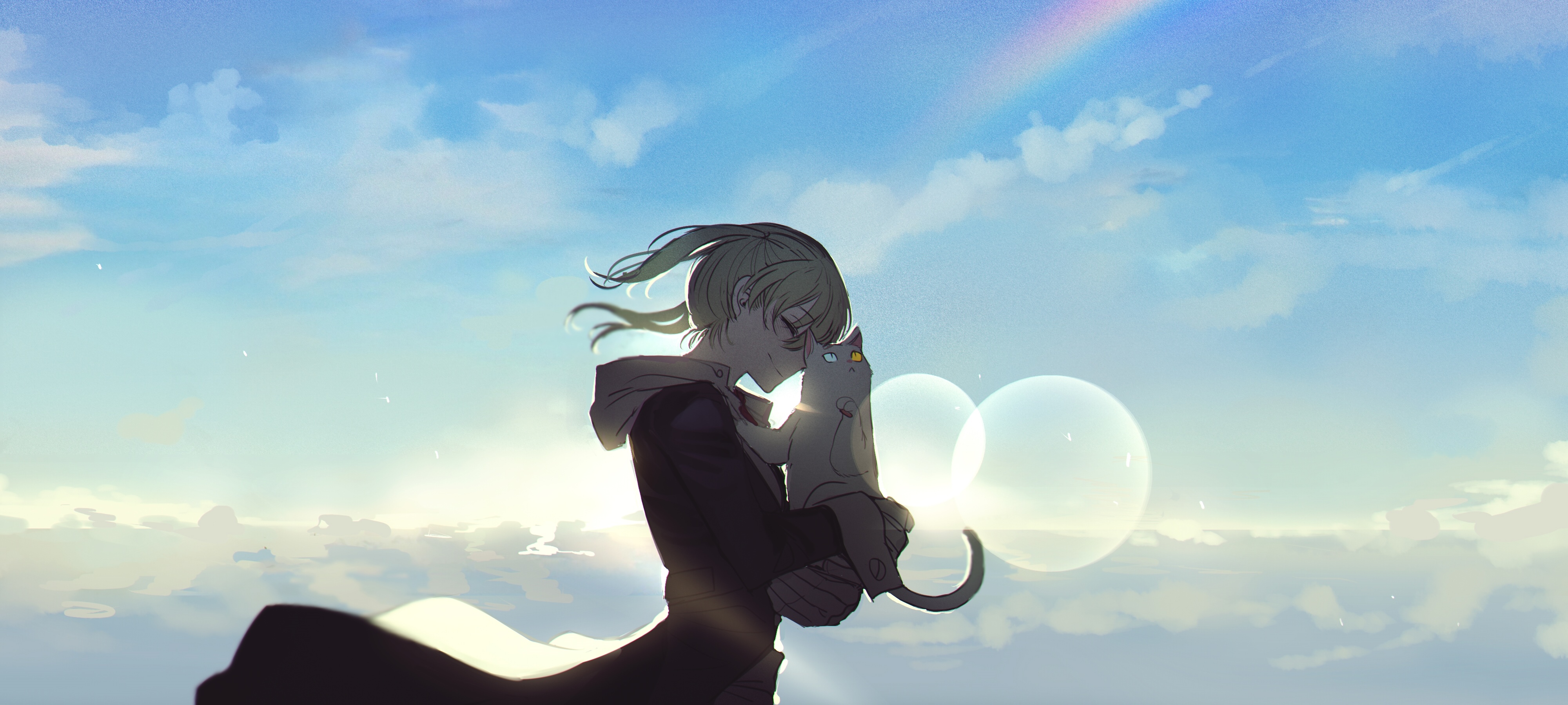 Maka Albarn holding a cat with a rainbow in the sky HD Wallpaper