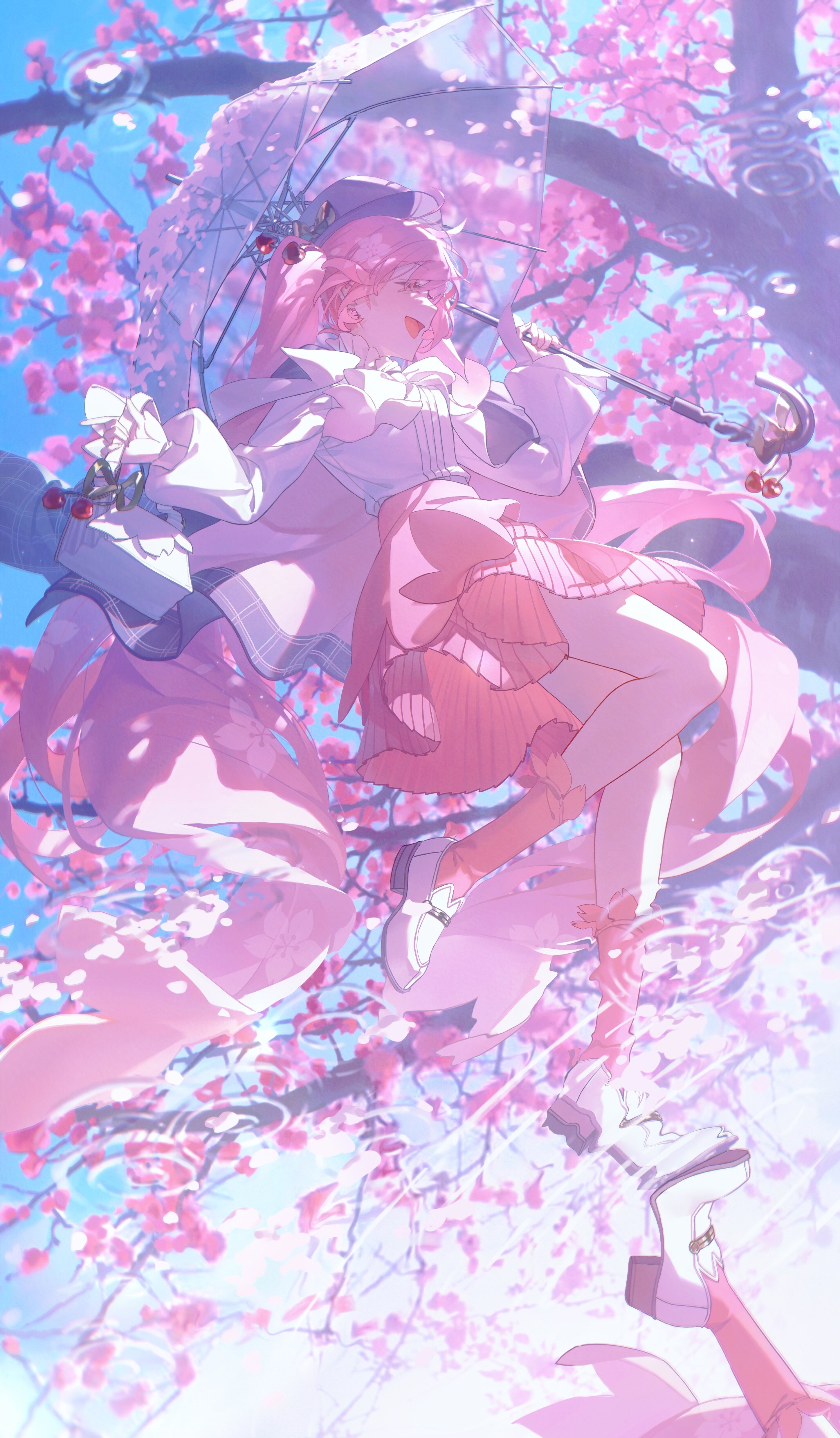 Hatsune Miku with umbrella under cherry blossoms HD Phone Wallpaper