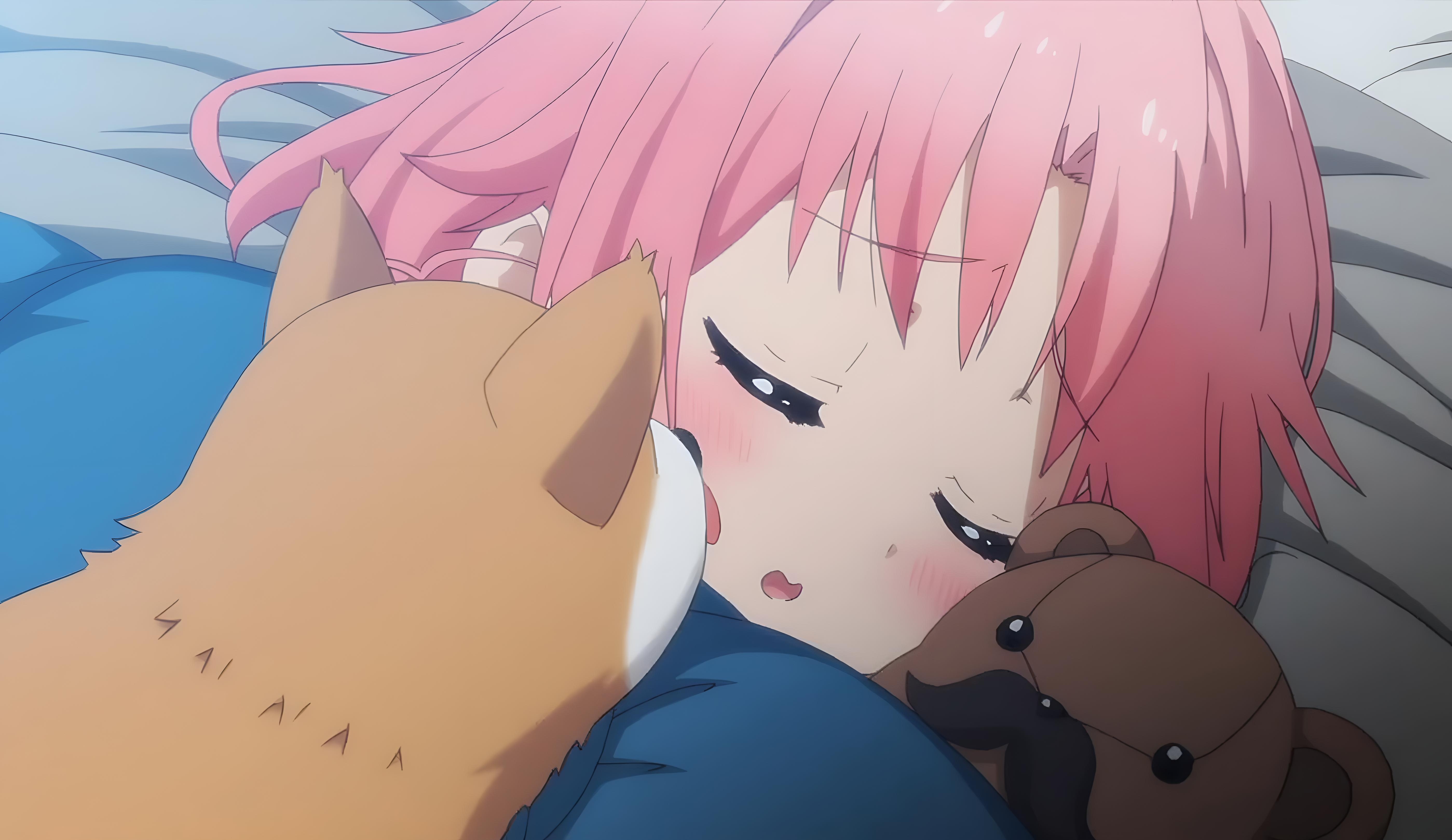 Anime screenshot of a girl with pink hair and a dog HD Wallpaper