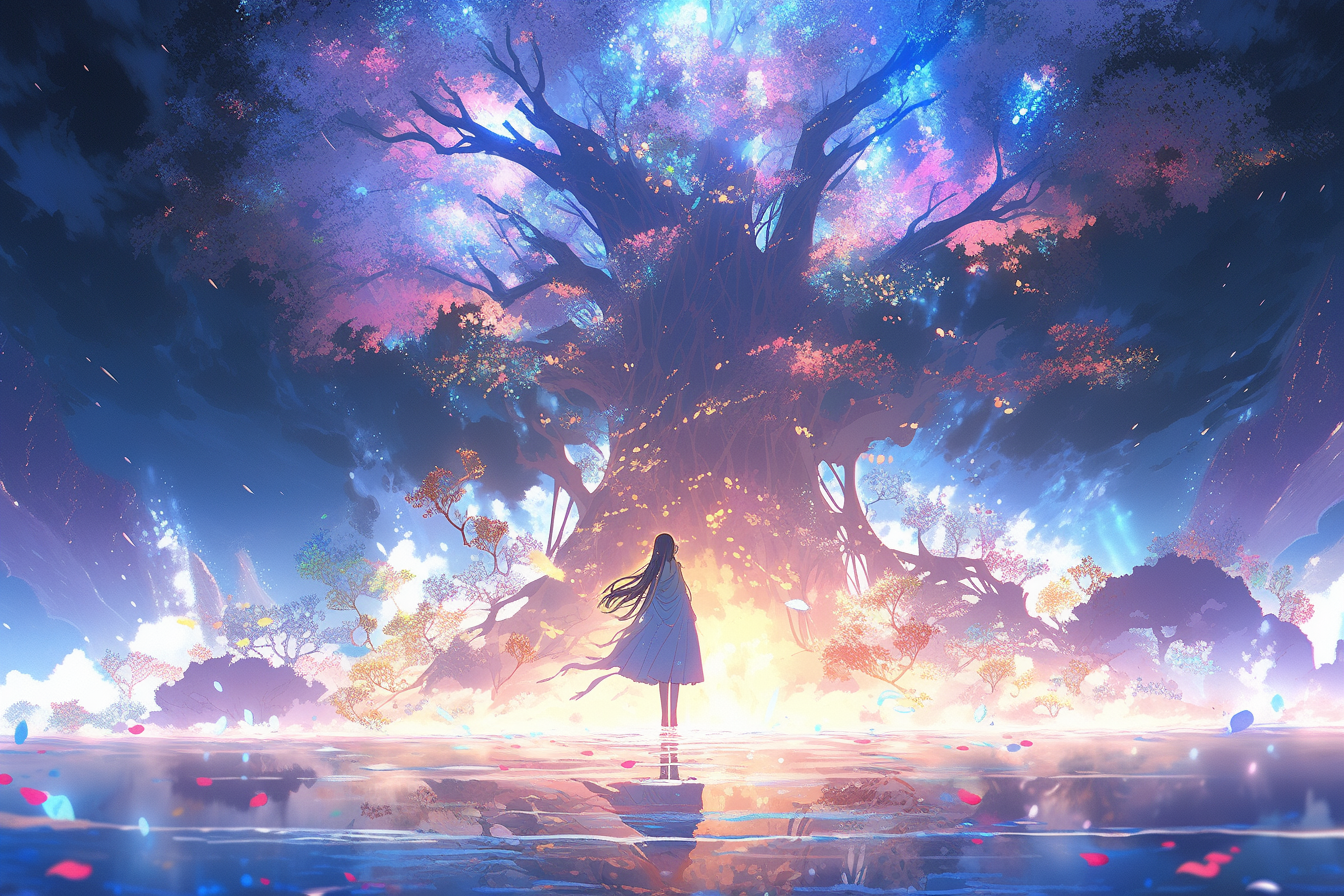 Anime girl standing by a giant tree with colorful petals HD Wallpaper
