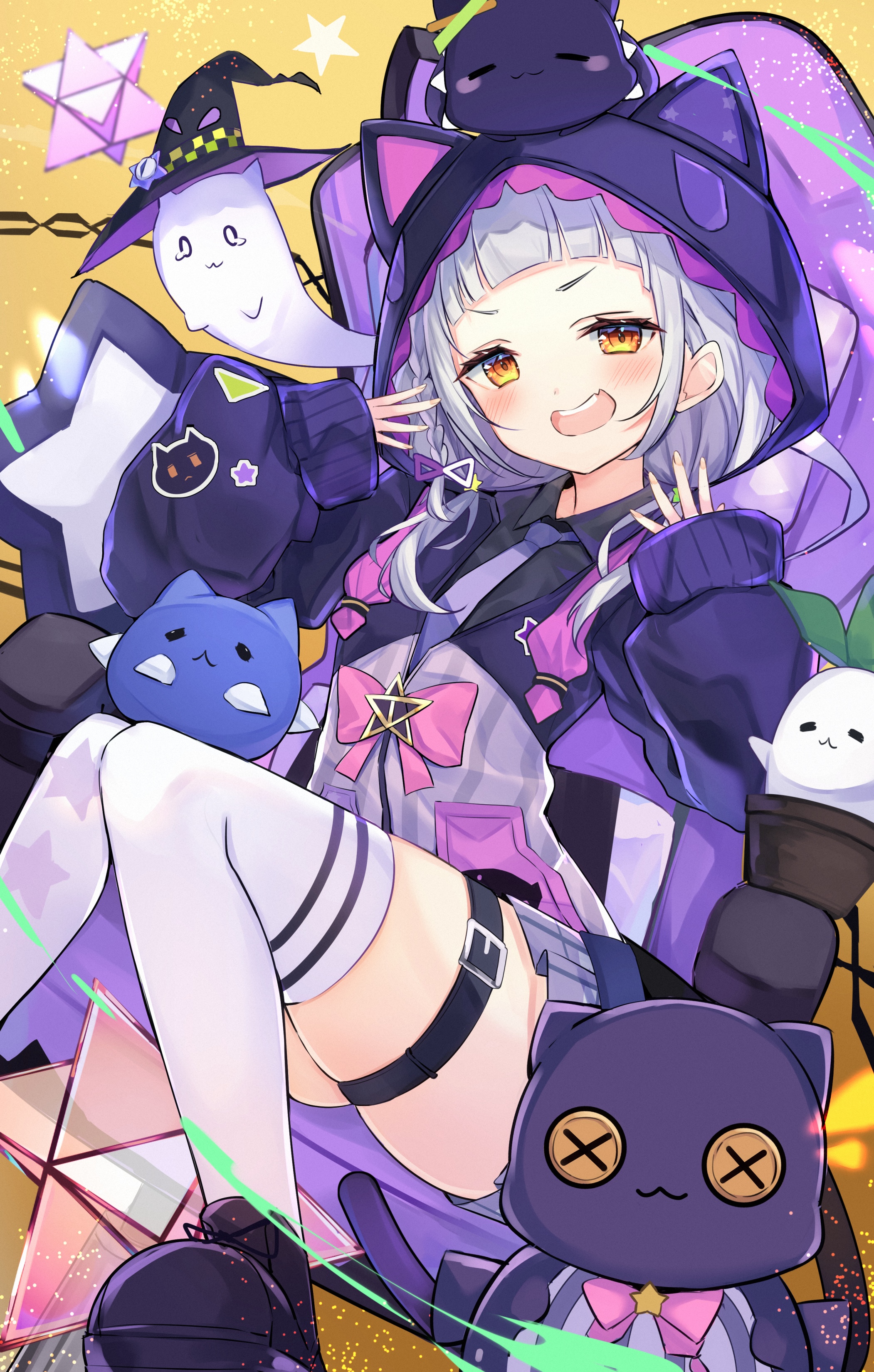Murasaki Shion in Witch Costume with Cat Plushies HD Phone Wallpaper
