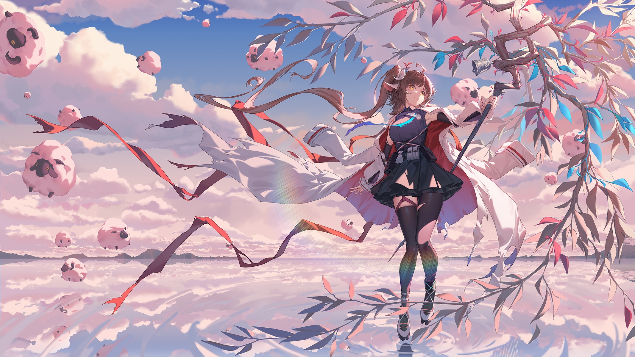 Arknights Eyjafjalla with flying sheep and ribbons HD Wallpaper