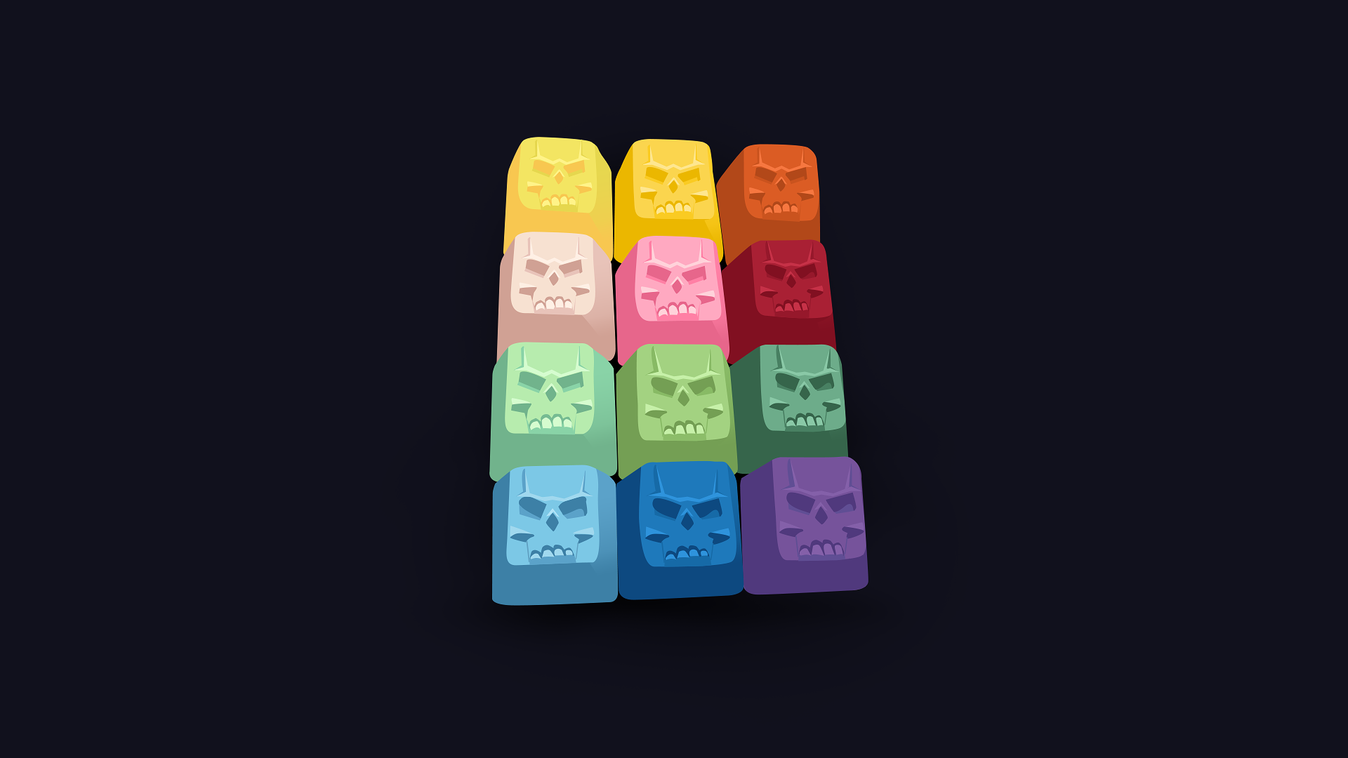 Skull keycaps in various colors on a dark background HD Wallpaper