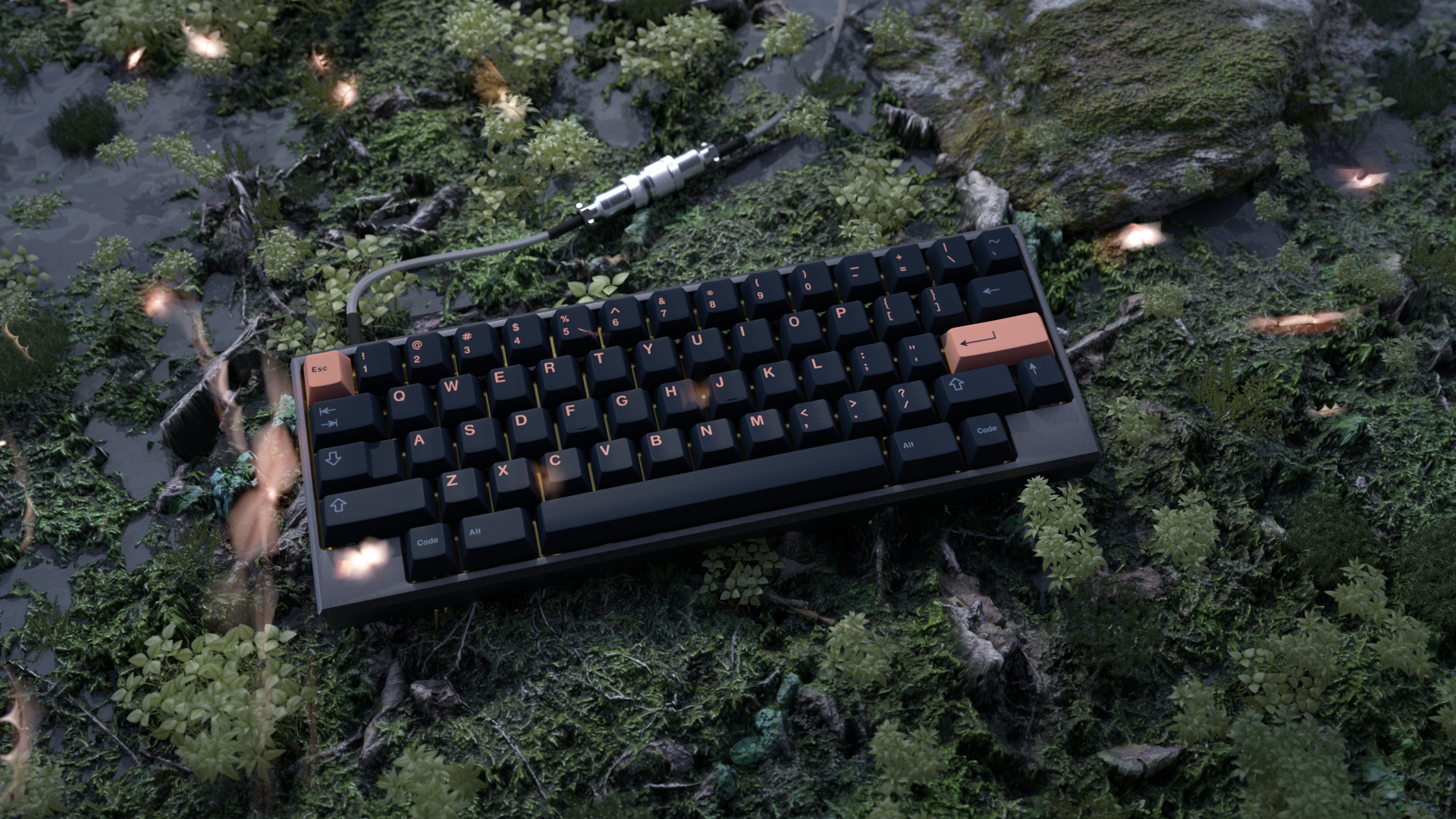 Mechanical keyboard on mossy ground with glowing embers HD Wallpaper