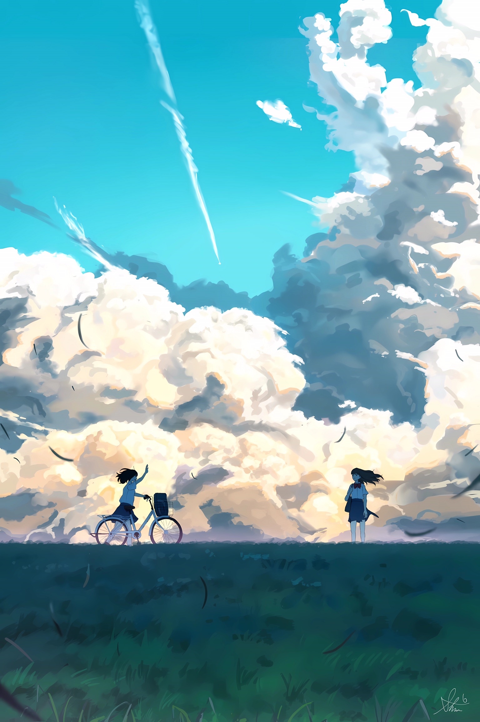 Schoolgirl with bicycle and friend under dramatic clouds HD Phone Wallpaper