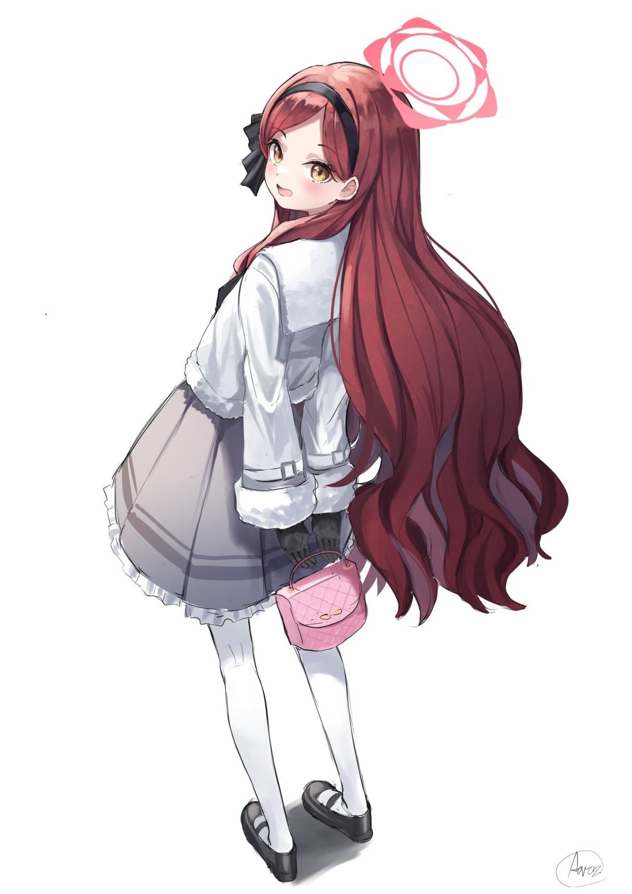 Anime girl with red hair and yellow eyes holding a purse HD Phone Wallpaper