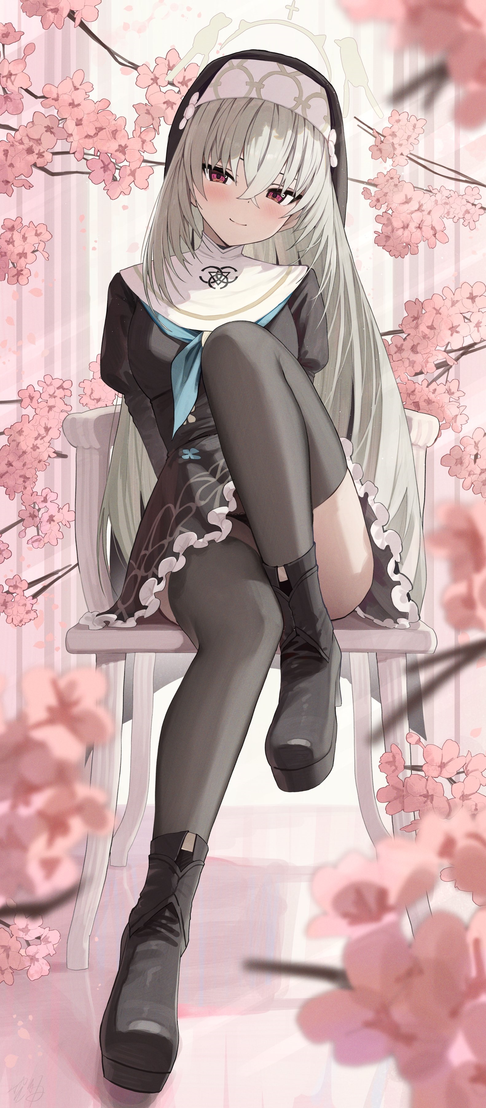 Utazumi Sakurako in a nun outfit with cherry blossoms HD Phone Wallpaper