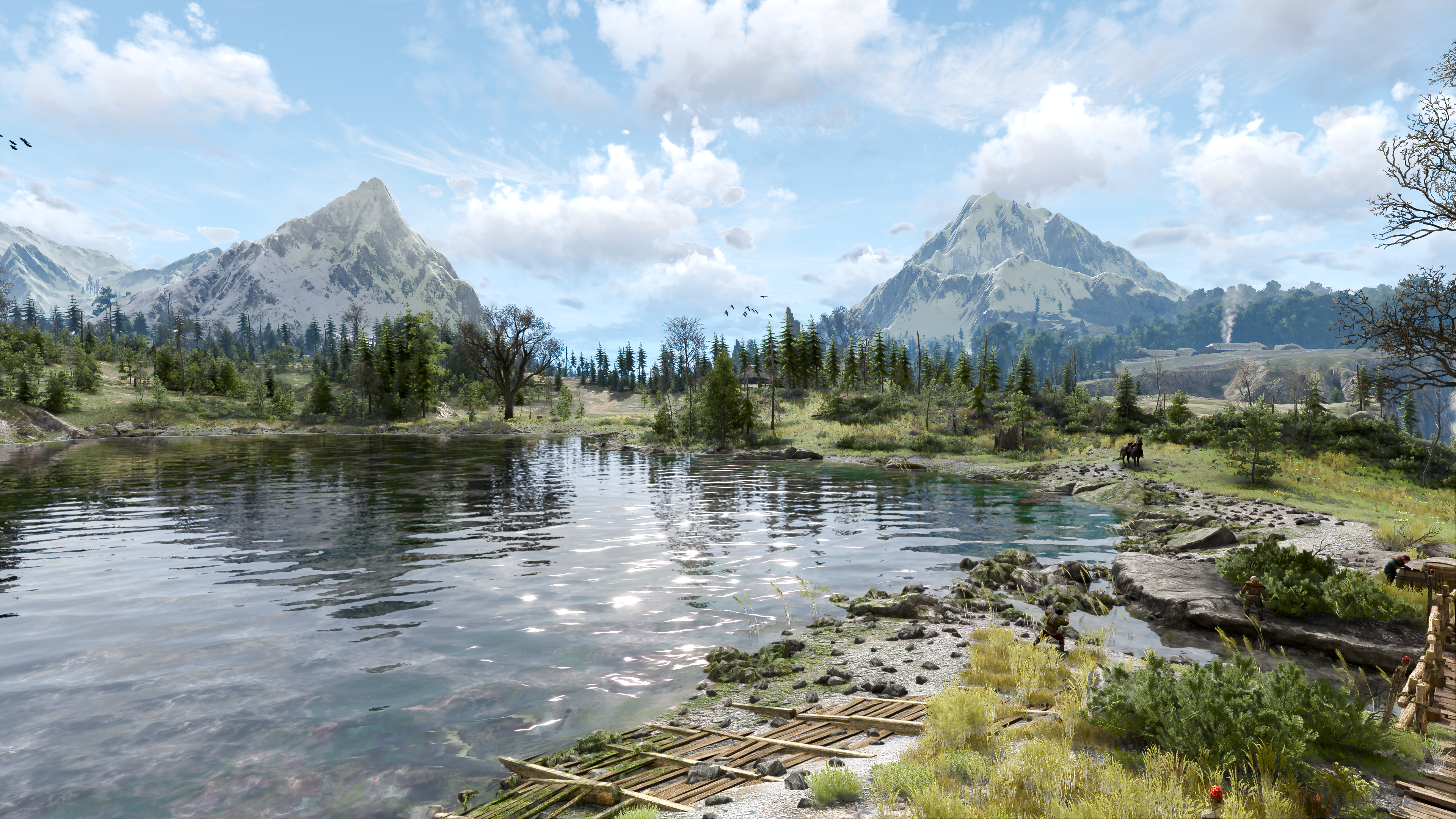 4K The Witcher 3: Wild Hunt landscape with mountains and lake HD Wallpaper