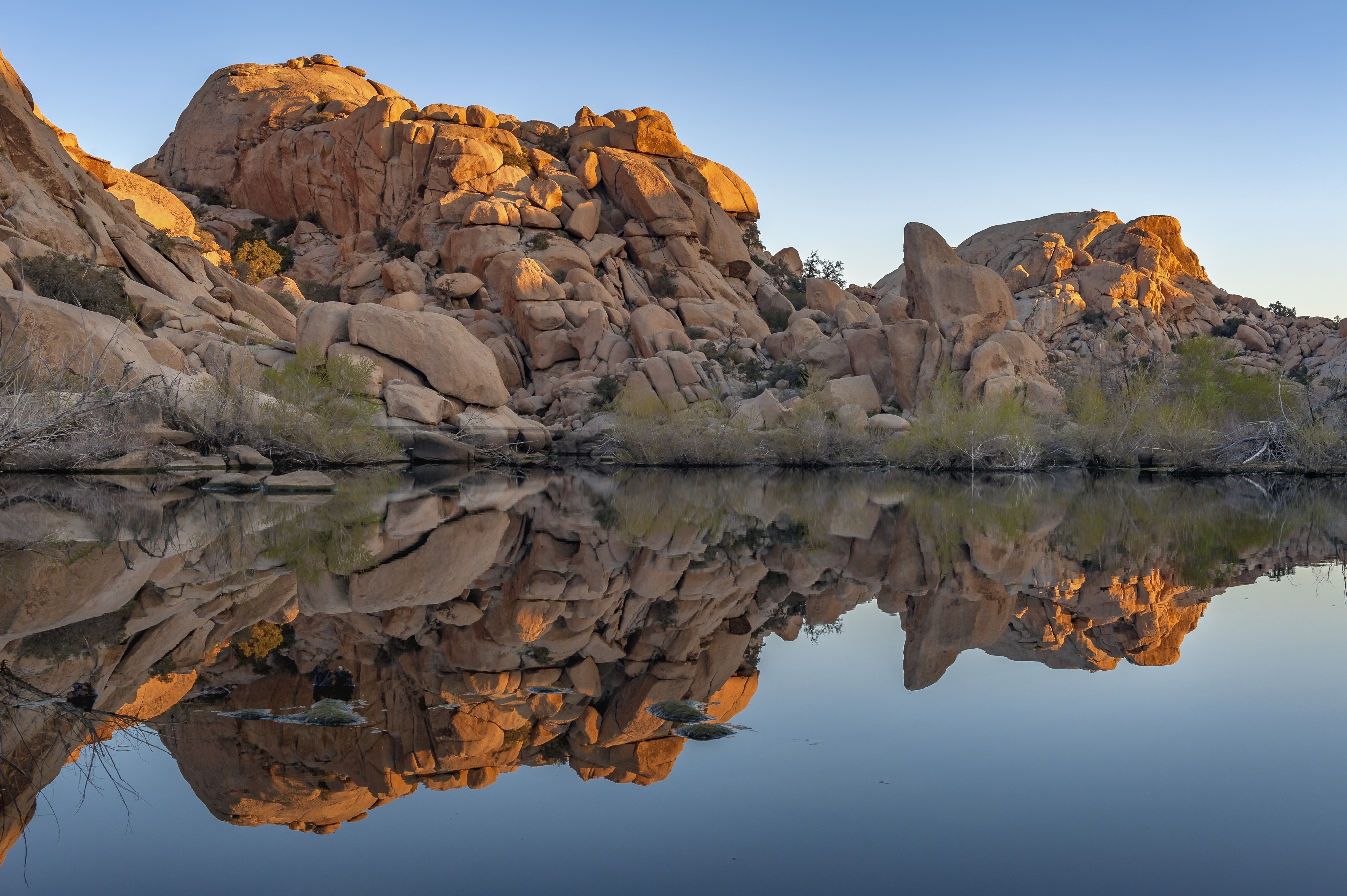 Sunrise Reflection at Barker Dam, Joshua Tree National Park HD Wallpaper